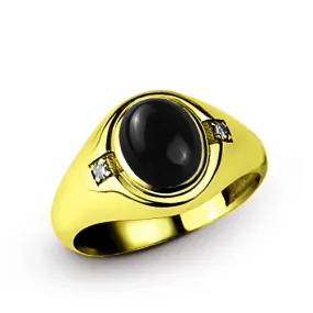 10k Fine Solid Gold Band Ring with Oval Black Onyx and 2 Diamond Accents Classic Men's Boys Ring