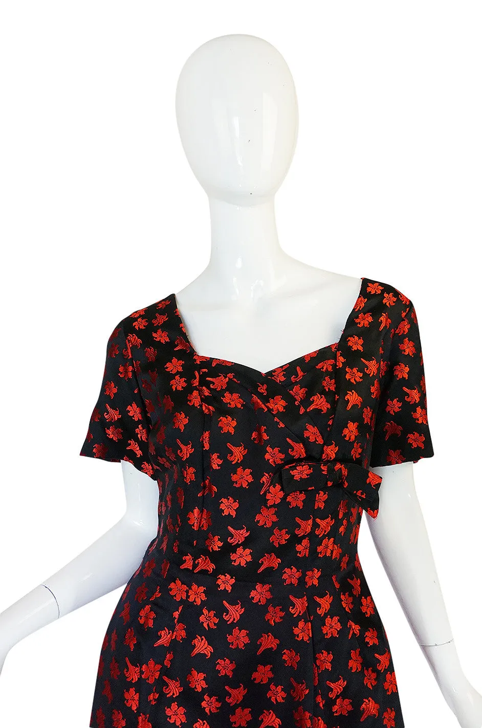 1950s Black Silk with Red Embroidered Floral Detail Dress