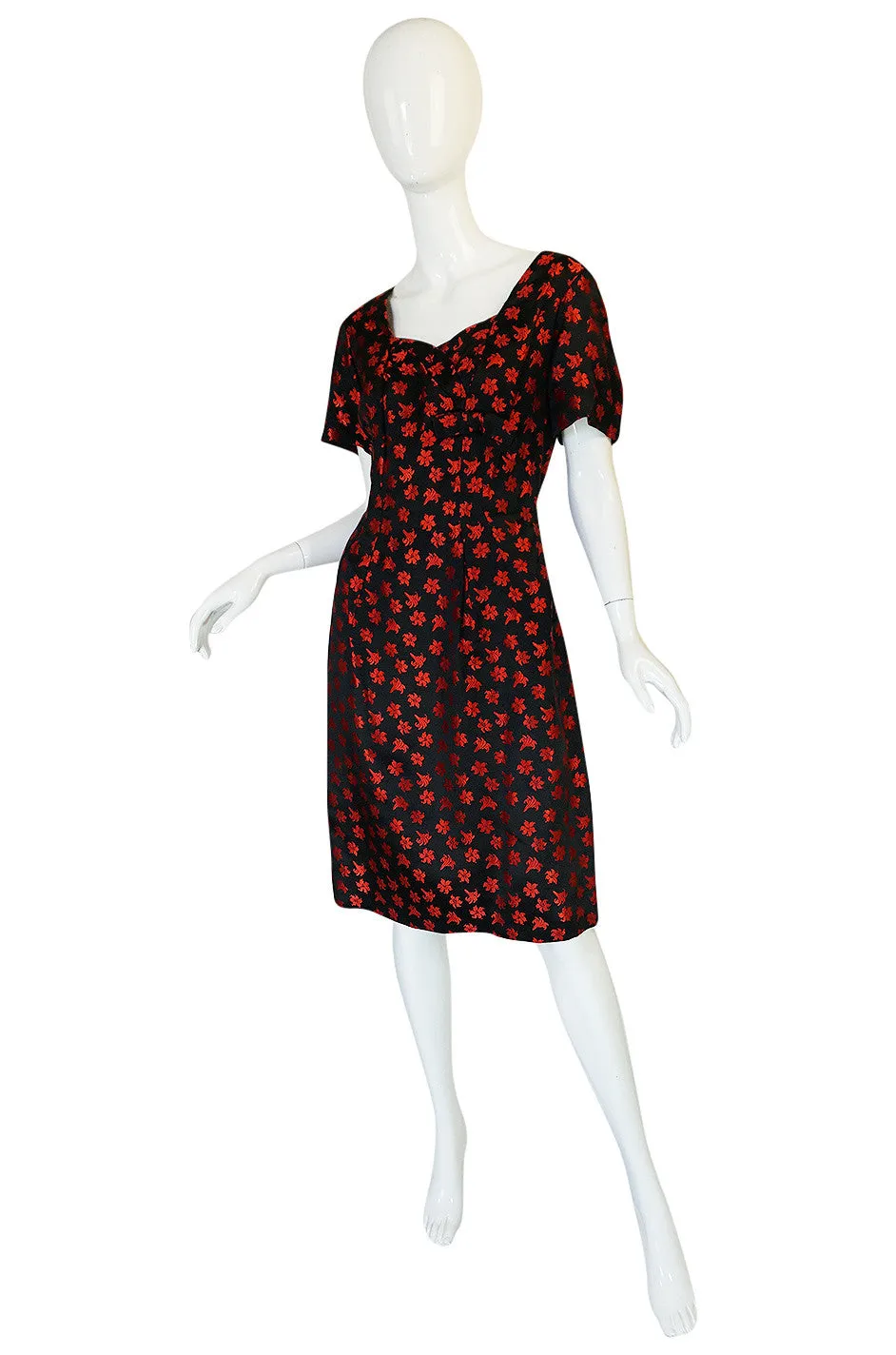 1950s Black Silk with Red Embroidered Floral Detail Dress