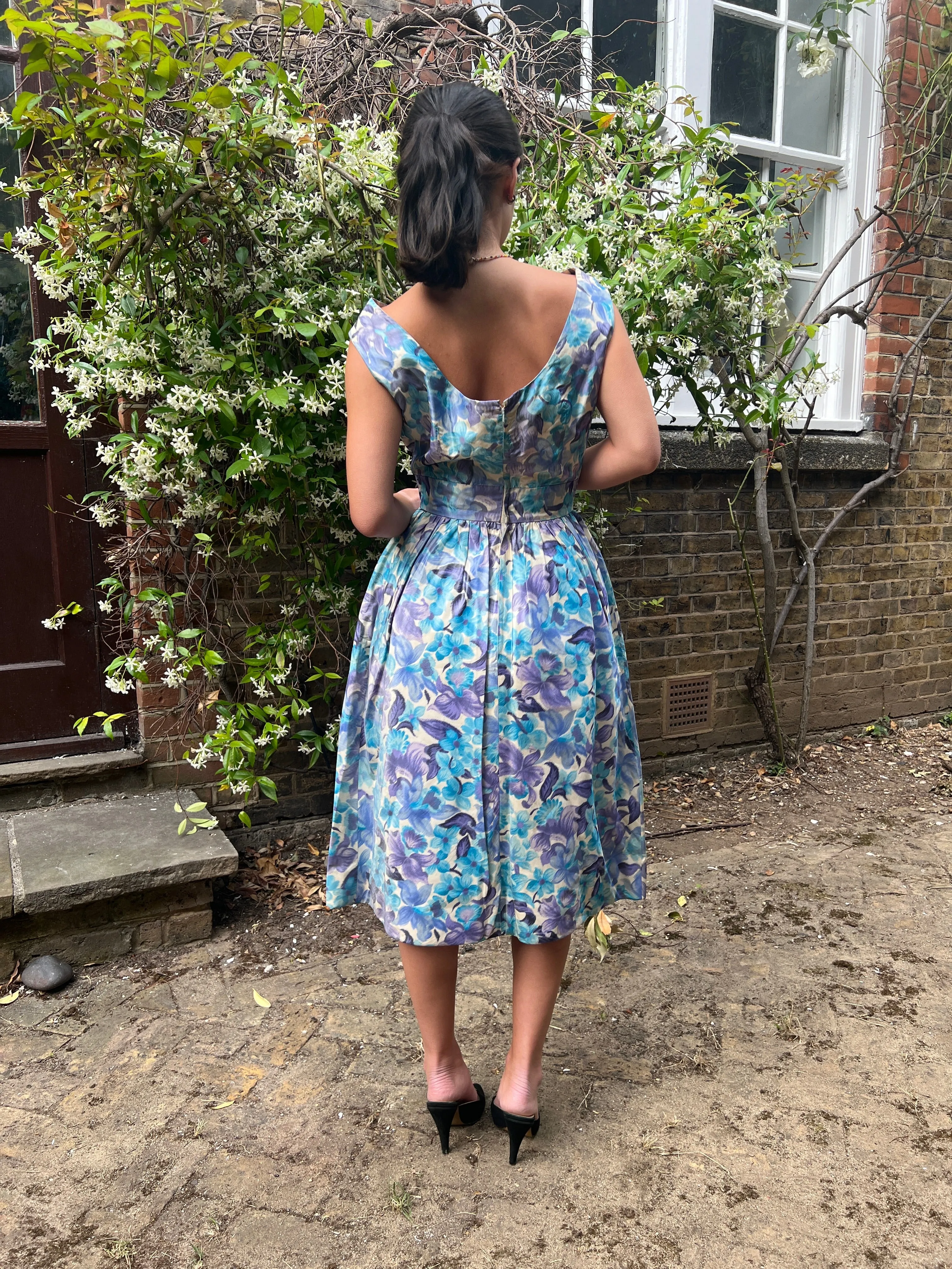 1960s Koupy Couture Blue Floral Silk Dress