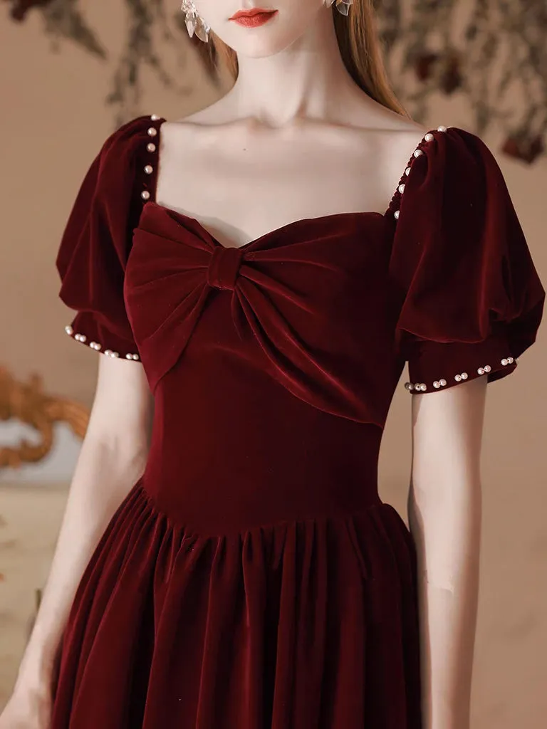 A-Line Velvet Tea Length Burgundy Prom Dress, Burgundy Formal Dress