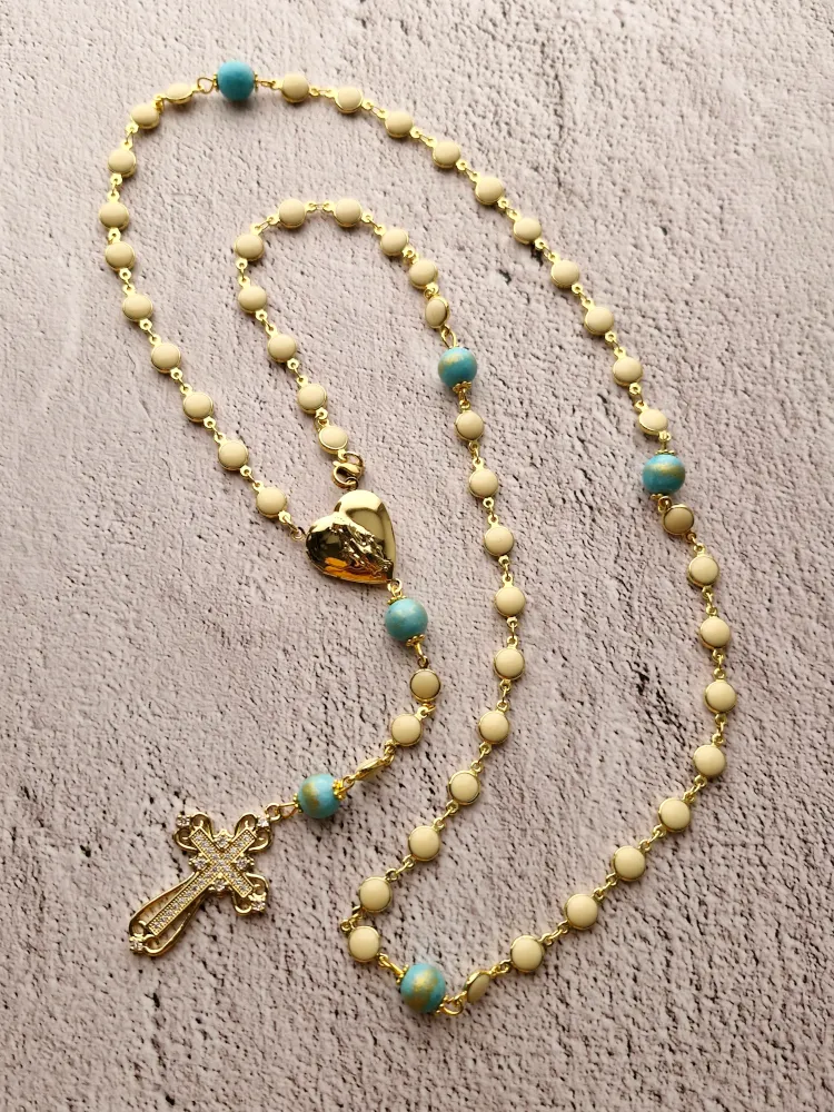 Amazonite & White Shell Rosary Locket with Cubic Zirconia Metal Cross Necklace