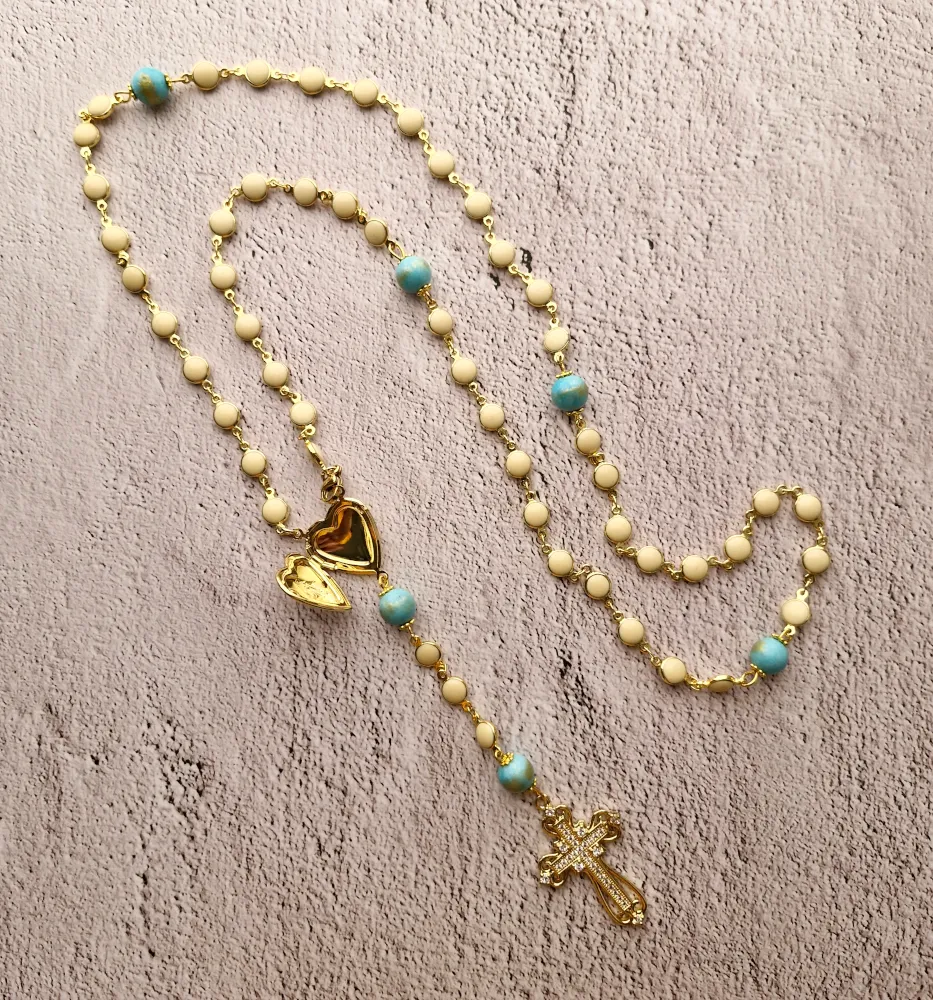 Amazonite & White Shell Rosary Locket with Cubic Zirconia Metal Cross Necklace