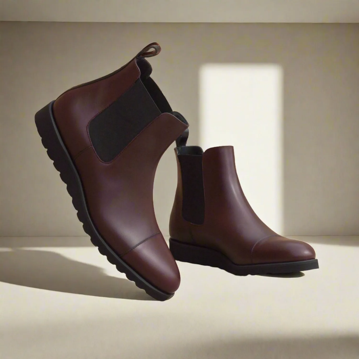 Ambrogio Bespoke Custom Men's Shoes Black & Burgundy Box Calf-Skin Leather Chelsea Boots (AMB2173)