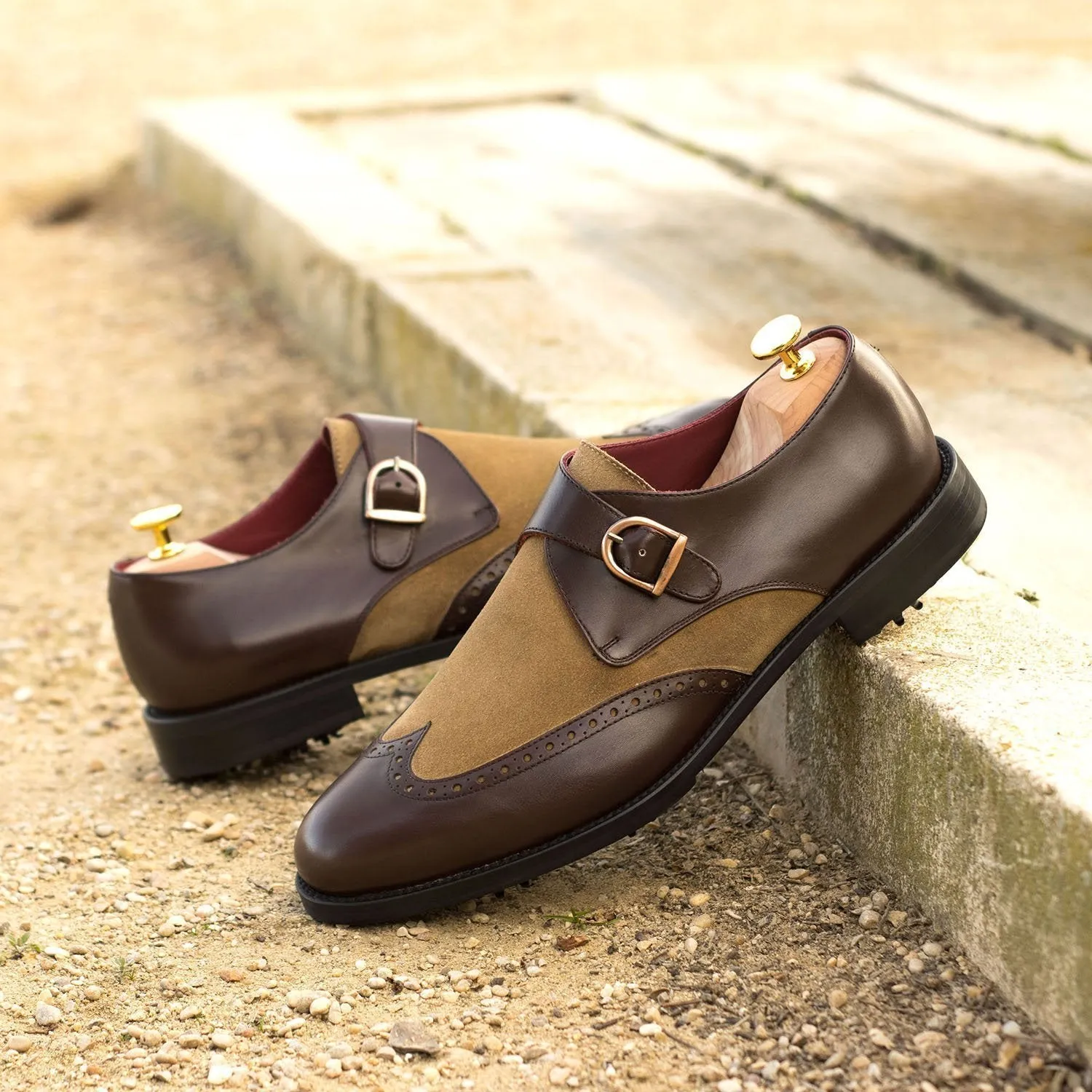 Ambrogio Bespoke Custom Men's Shoes Brown & Camel Suede / Calf-Skin Leather Monk-Strap Loafers (AMB1862)