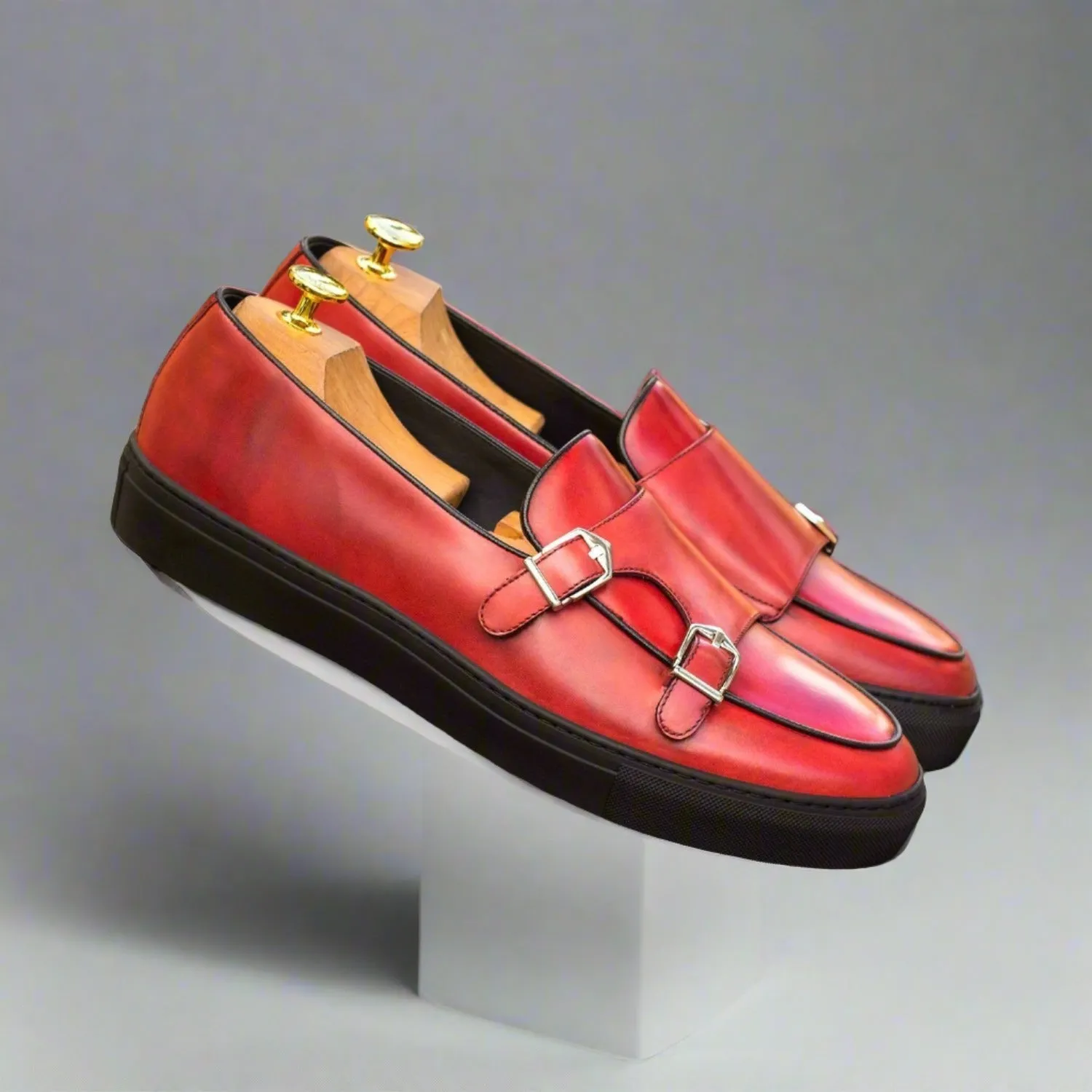 Ambrogio Bespoke Custom Men's Shoes Red Calf-Skin Leather Monk Sneakers (AMB2000)