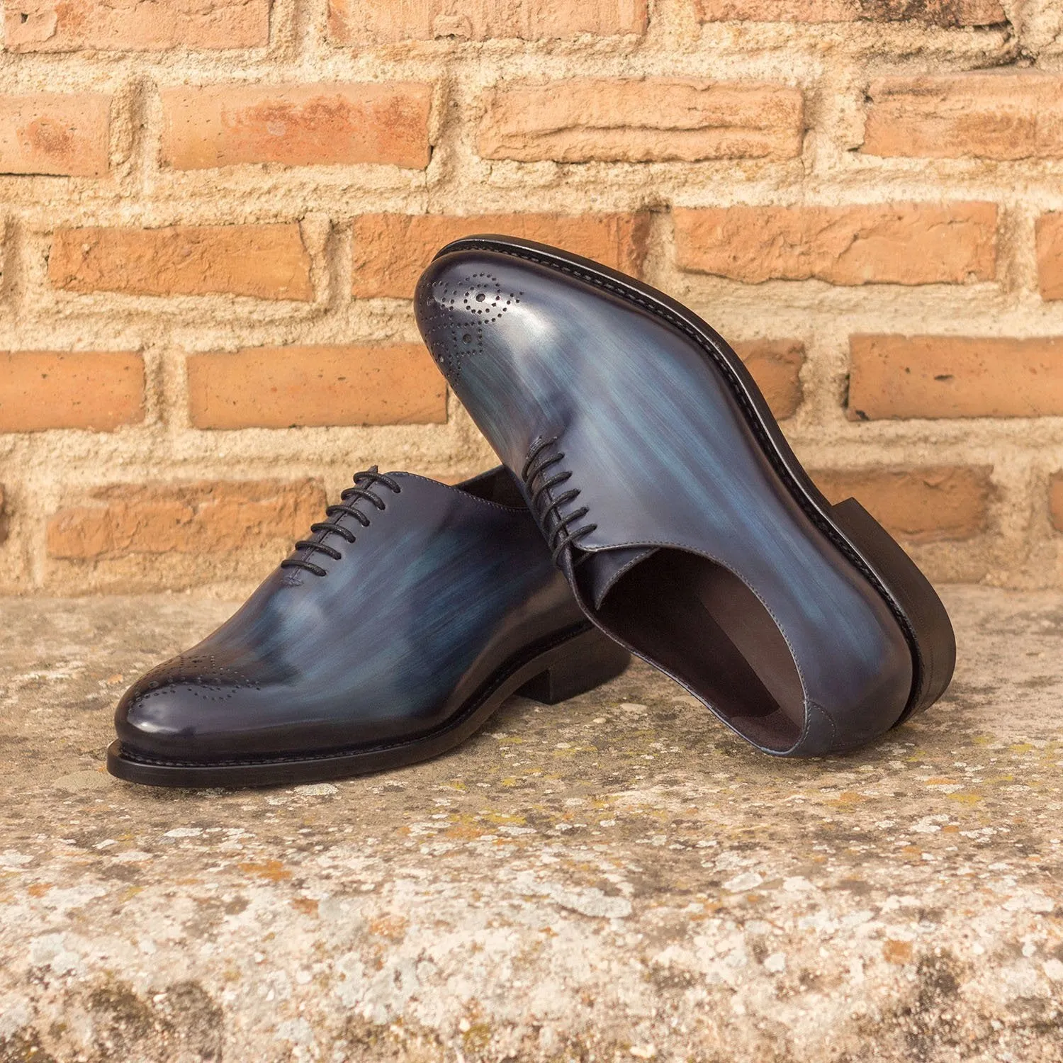 Ambrogio Bespoke Men's Handmade Custom Made Shoes Denim Blue Patina Leather Dress Oxfords (AMB1305)