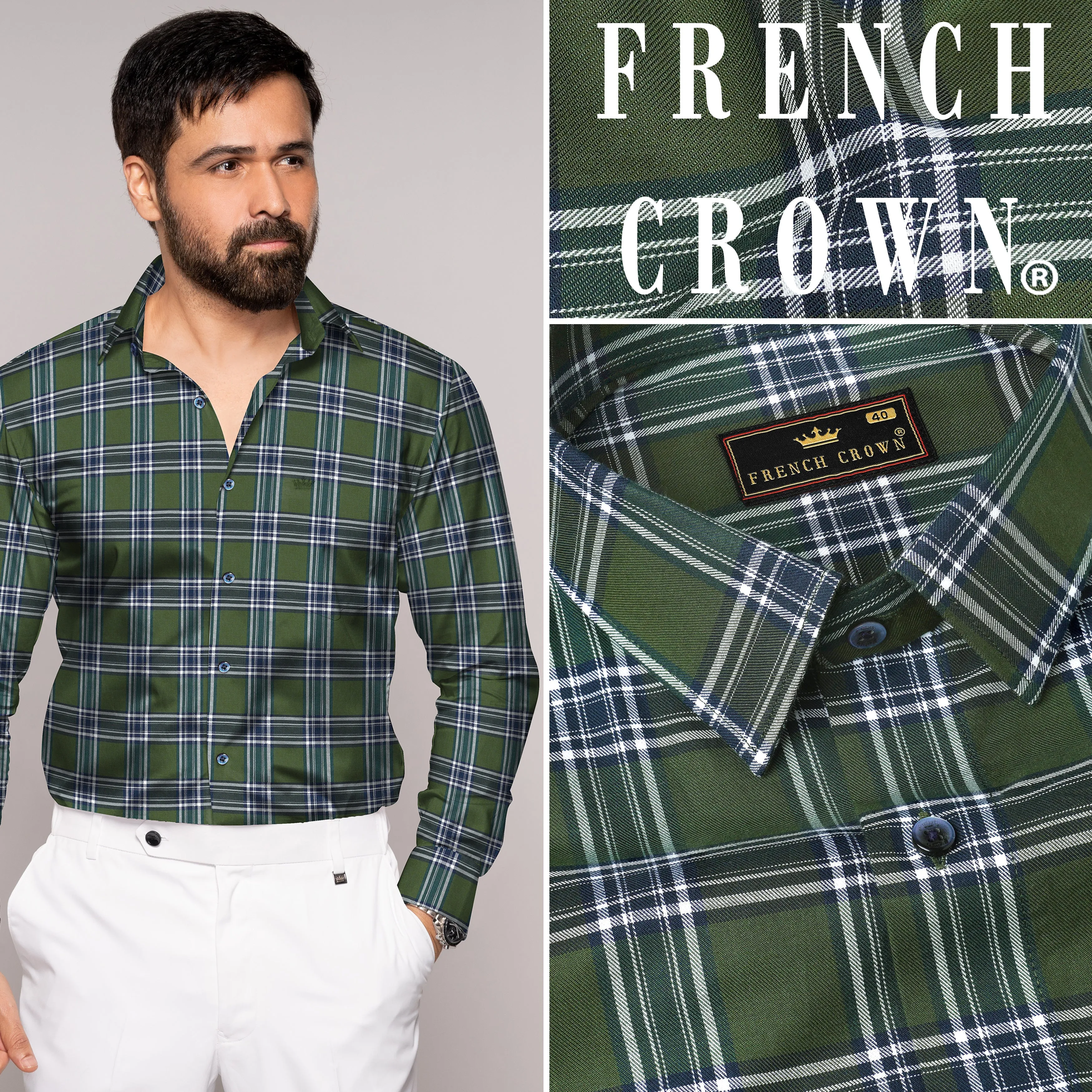 Asparagus Green with Bright White Twill Plaid Premium Cotton Shirt