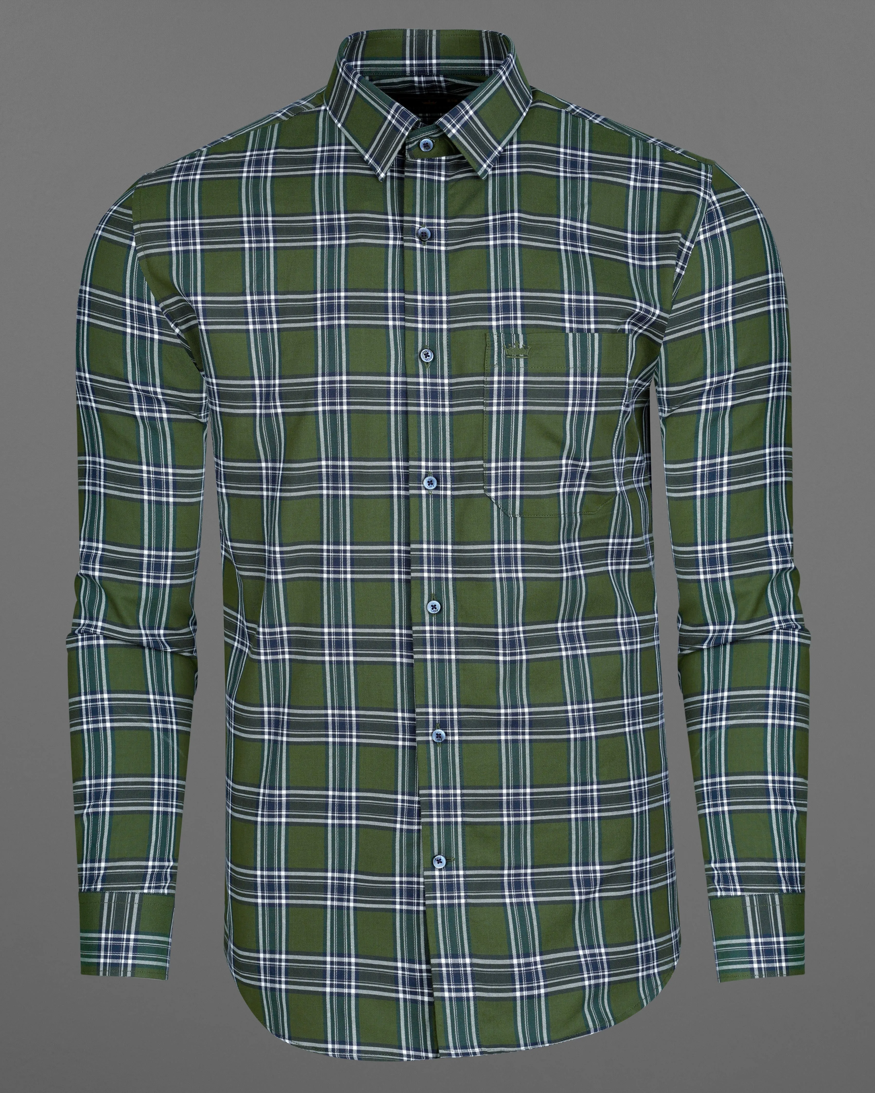 Asparagus Green with Bright White Twill Plaid Premium Cotton Shirt