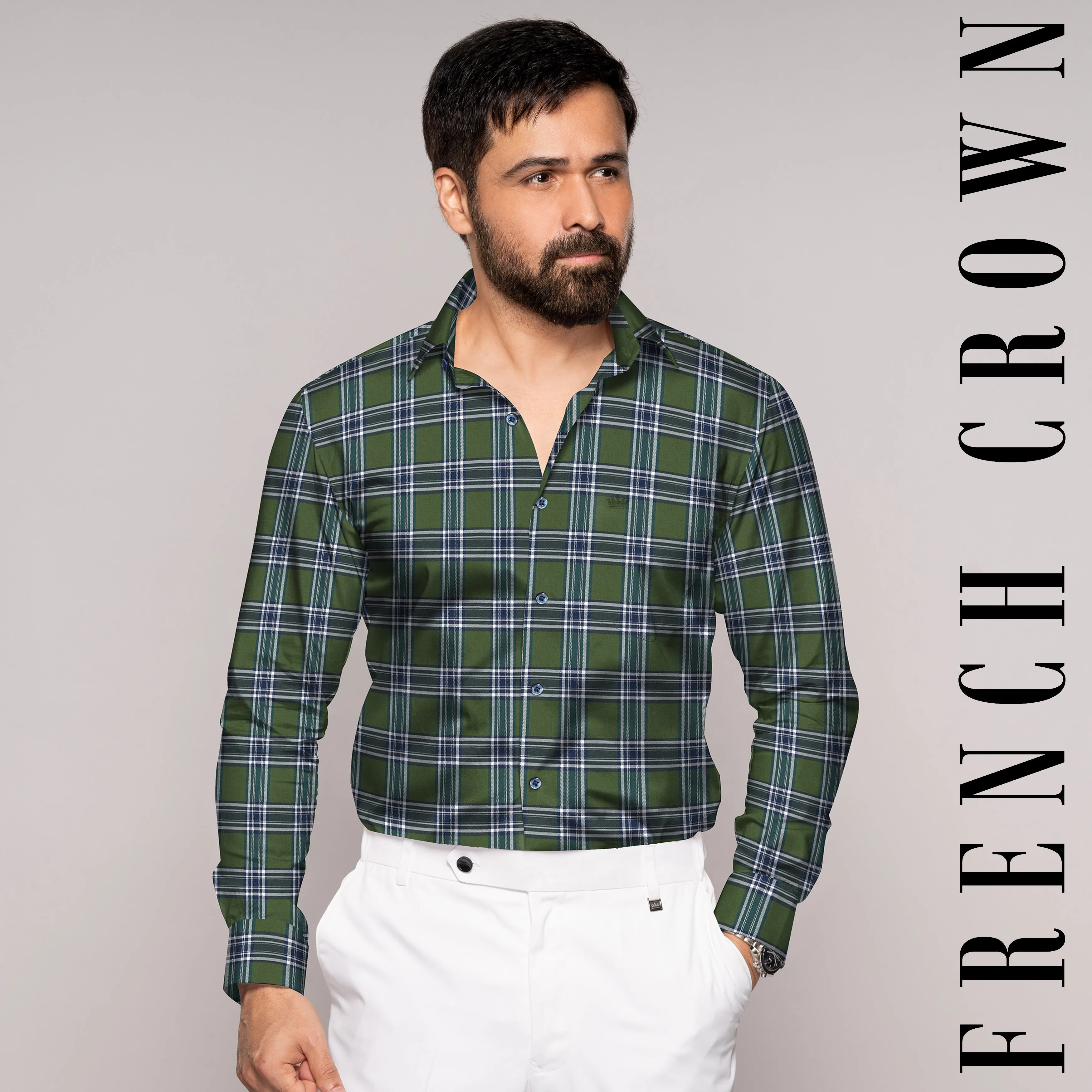 Asparagus Green with Bright White Twill Plaid Premium Cotton Shirt