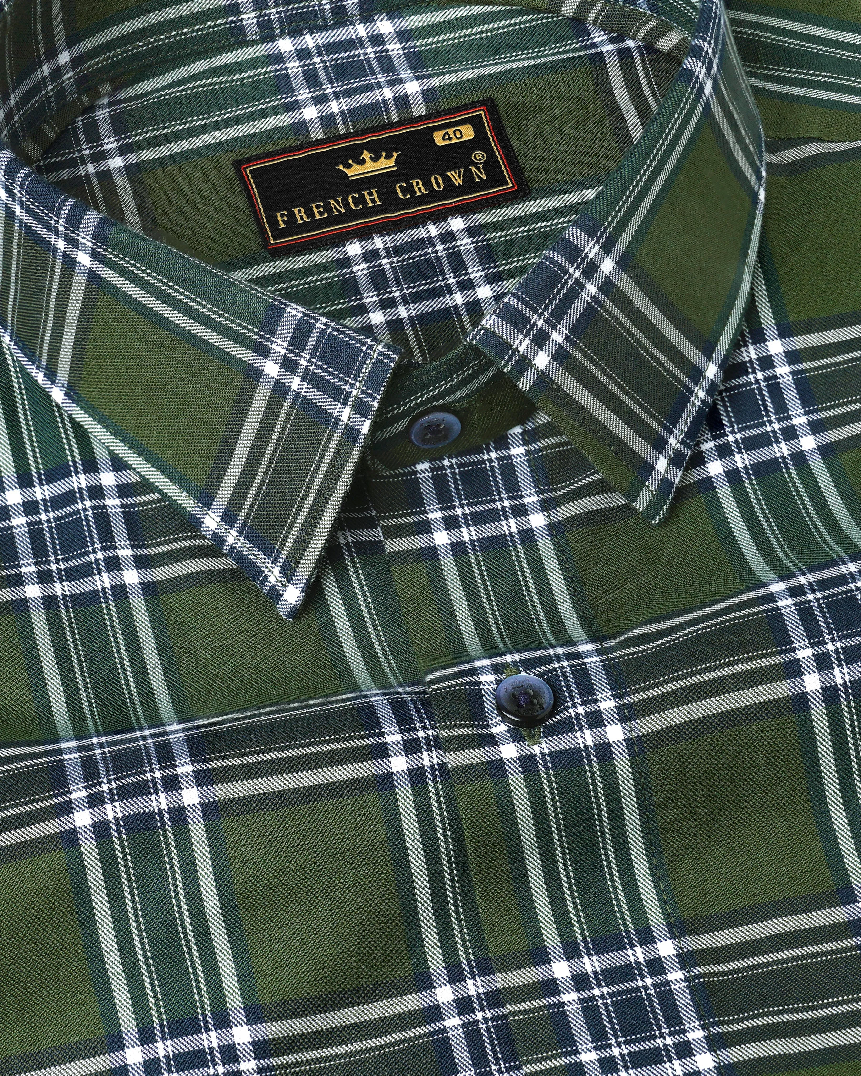 Asparagus Green with Bright White Twill Plaid Premium Cotton Shirt