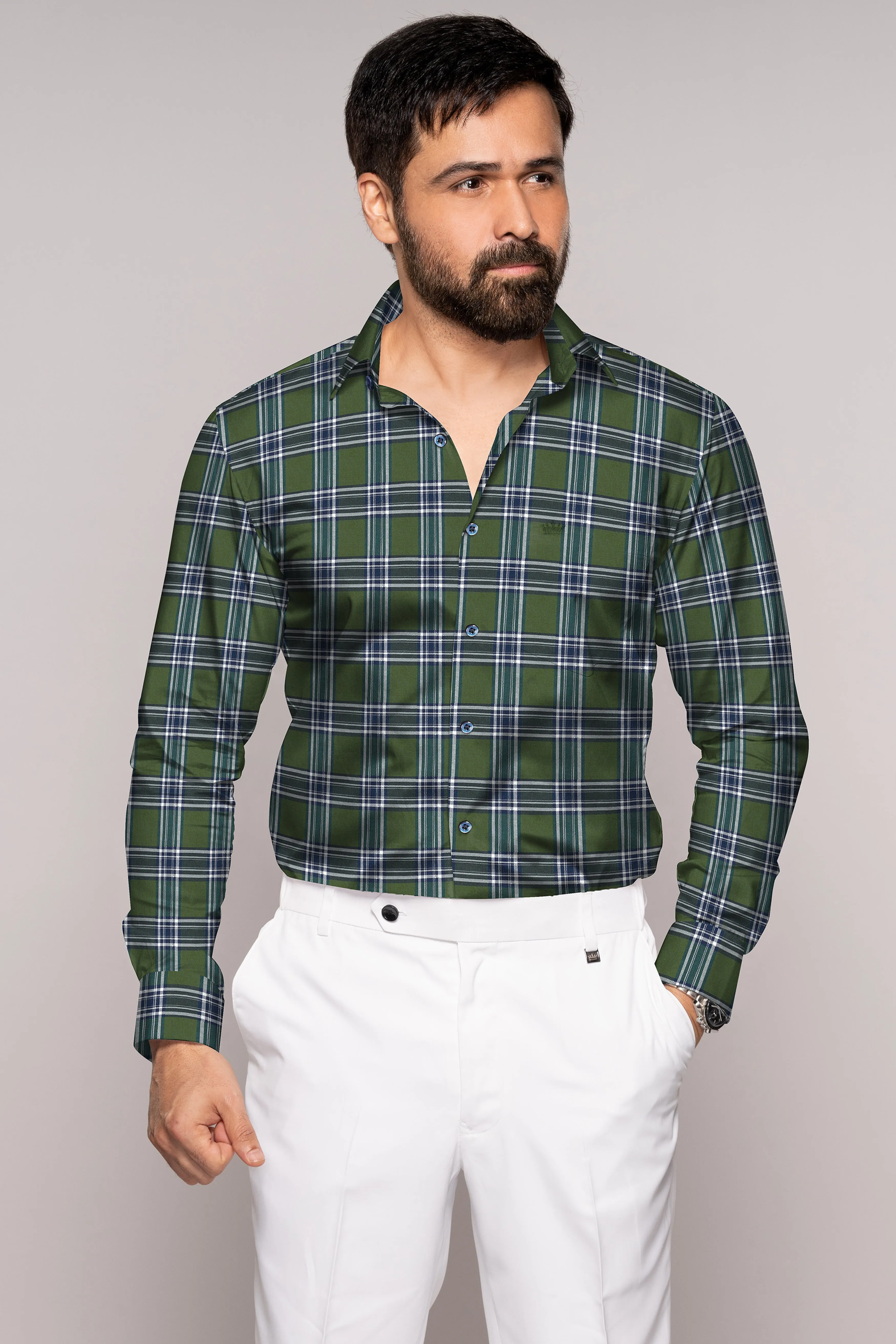 Asparagus Green with Bright White Twill Plaid Premium Cotton Shirt