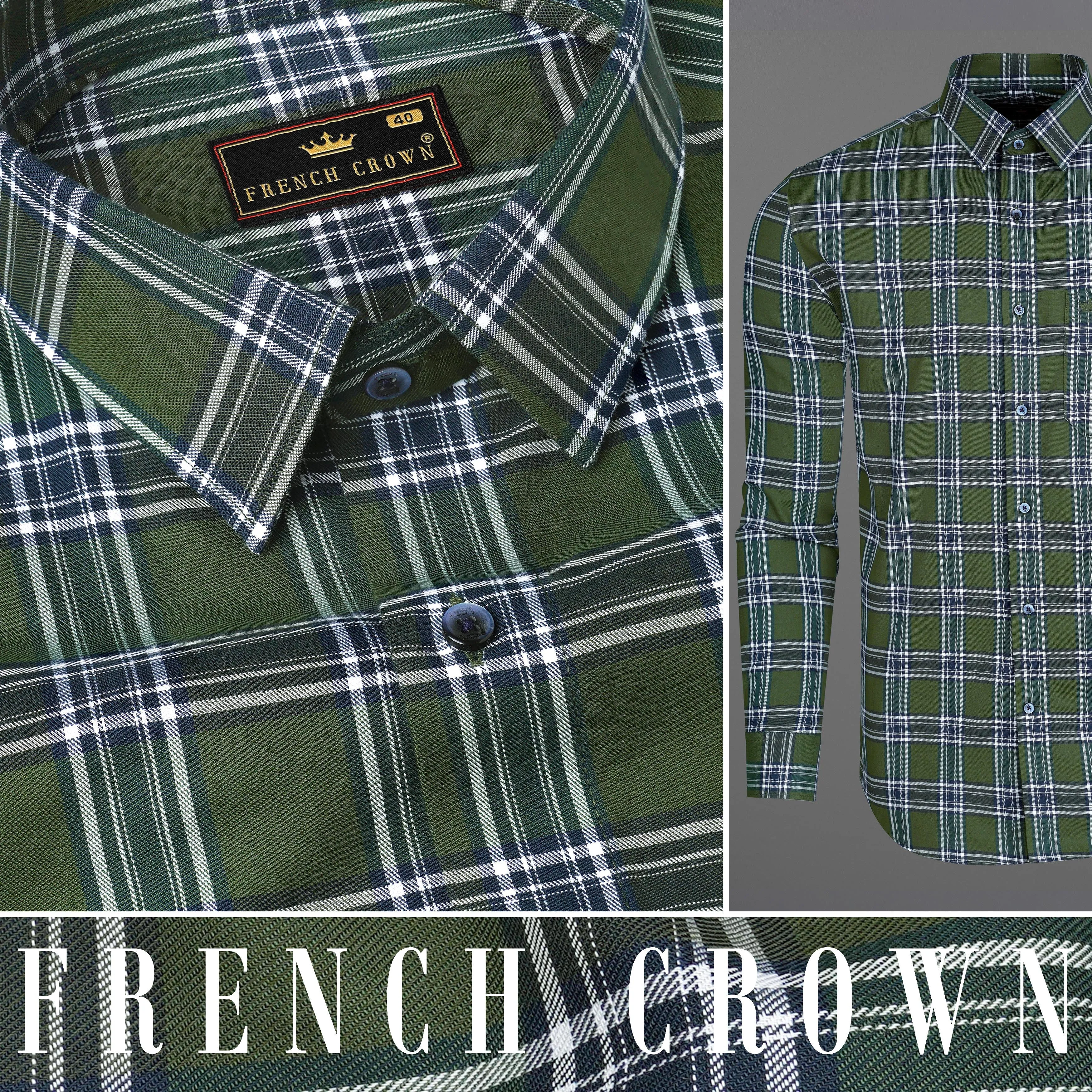 Asparagus Green with Bright White Twill Plaid Premium Cotton Shirt