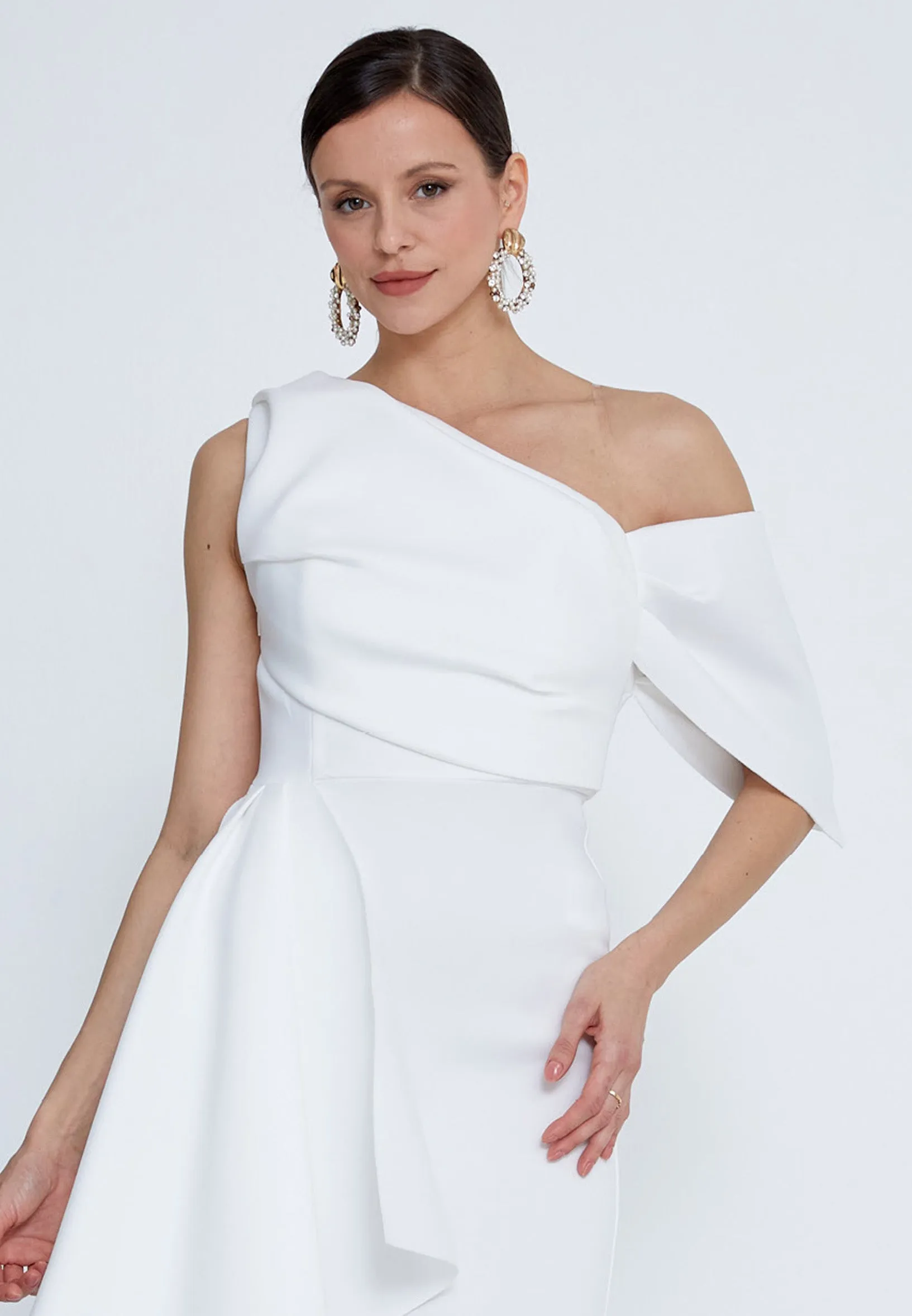 Asymmetric Neckline Midi Dress - White