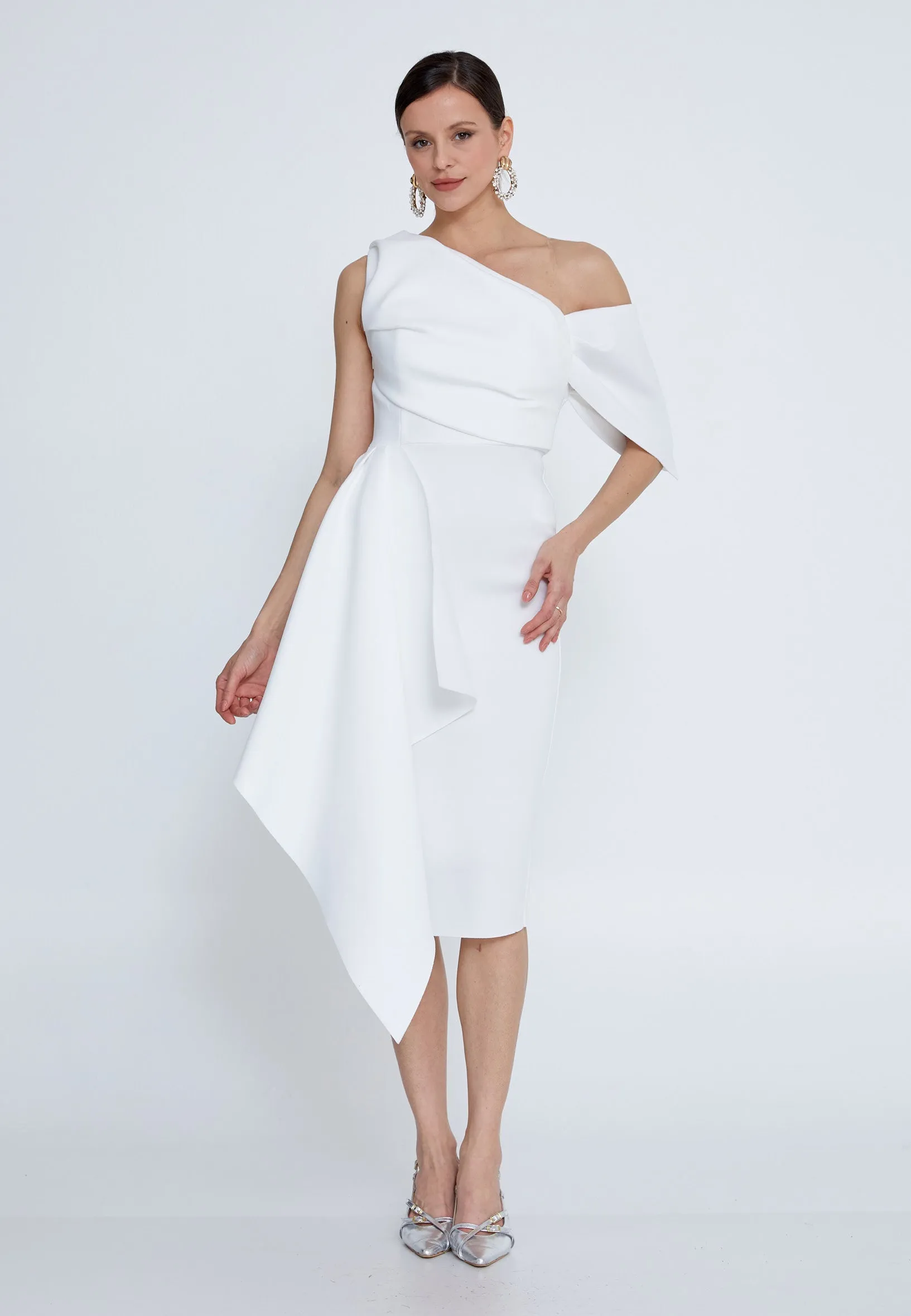 Asymmetric Neckline Midi Dress - White