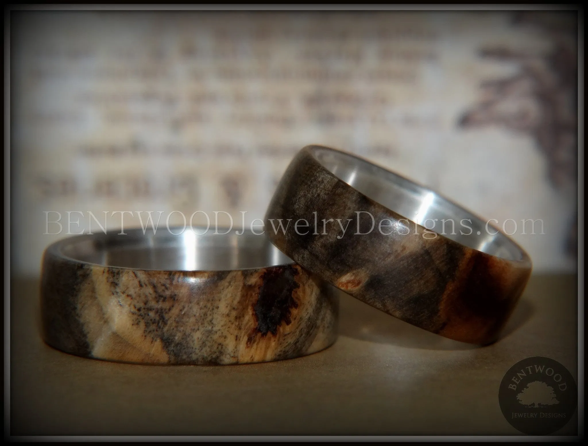 Bentwood Rings Set - Midwest Buckeye Burl on Silver Core Classic Wood Ring Bands