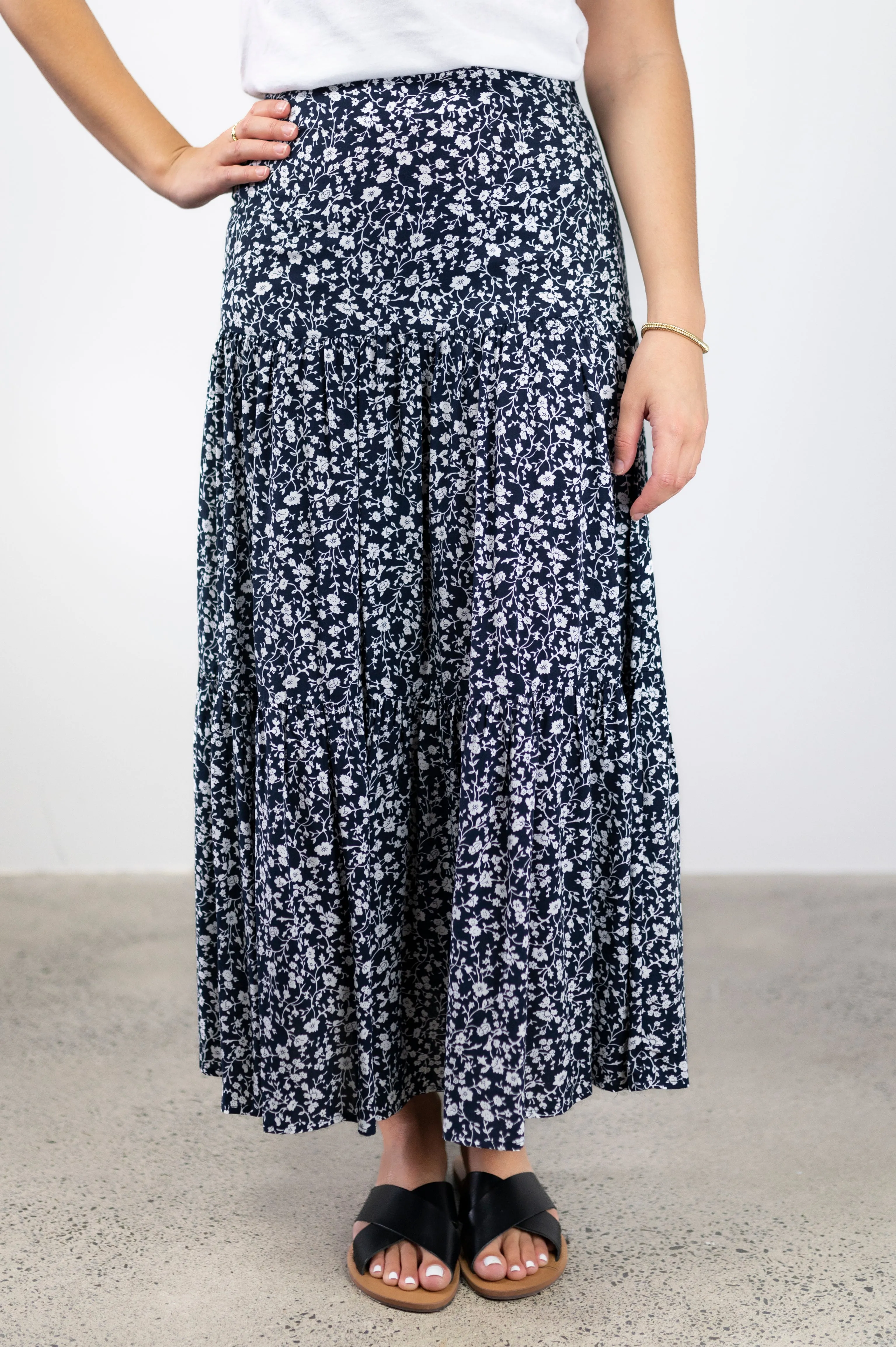 Blazing Navy Floral Vines Tiered Midi Skirt