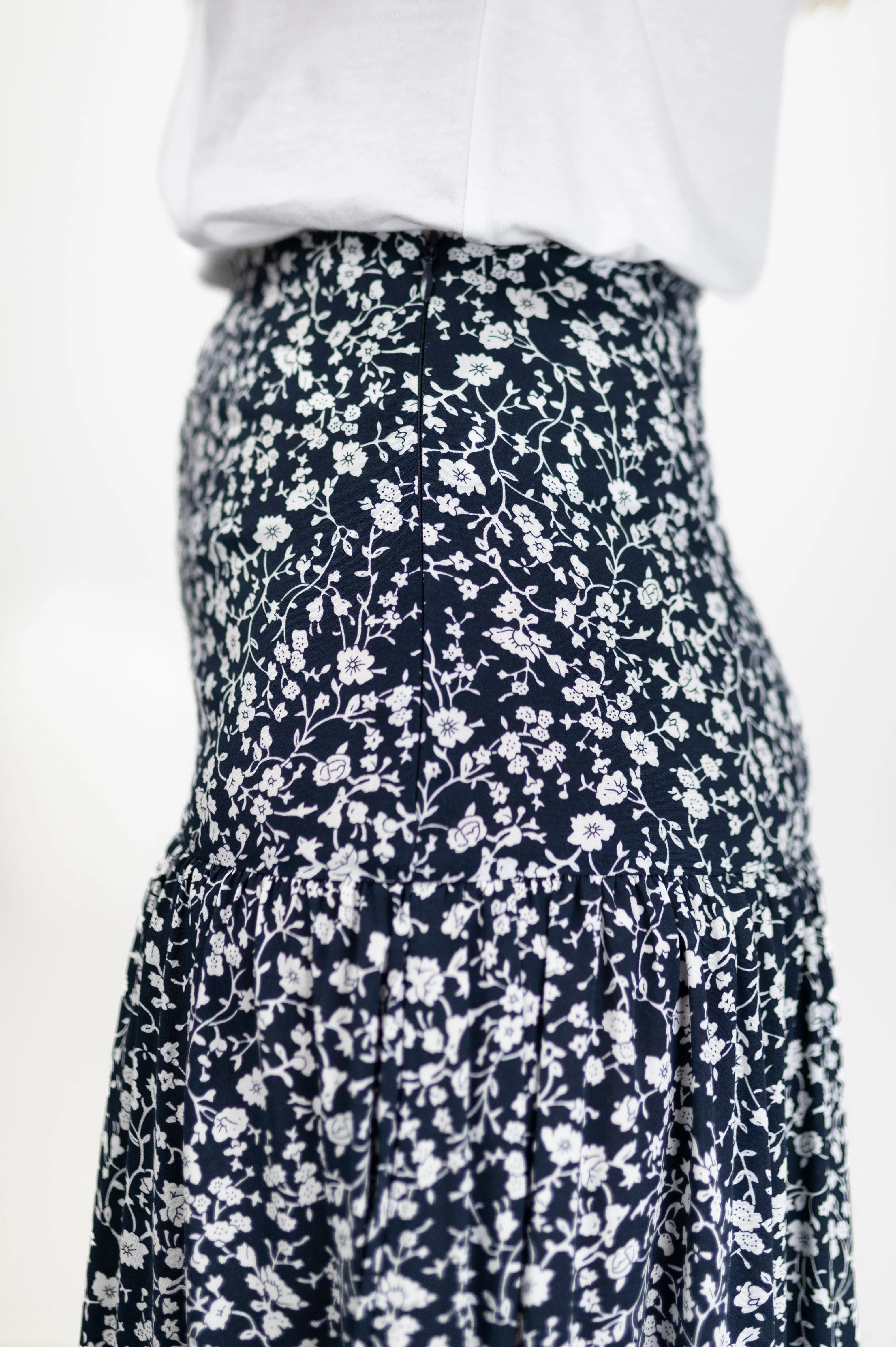 Blazing Navy Floral Vines Tiered Midi Skirt