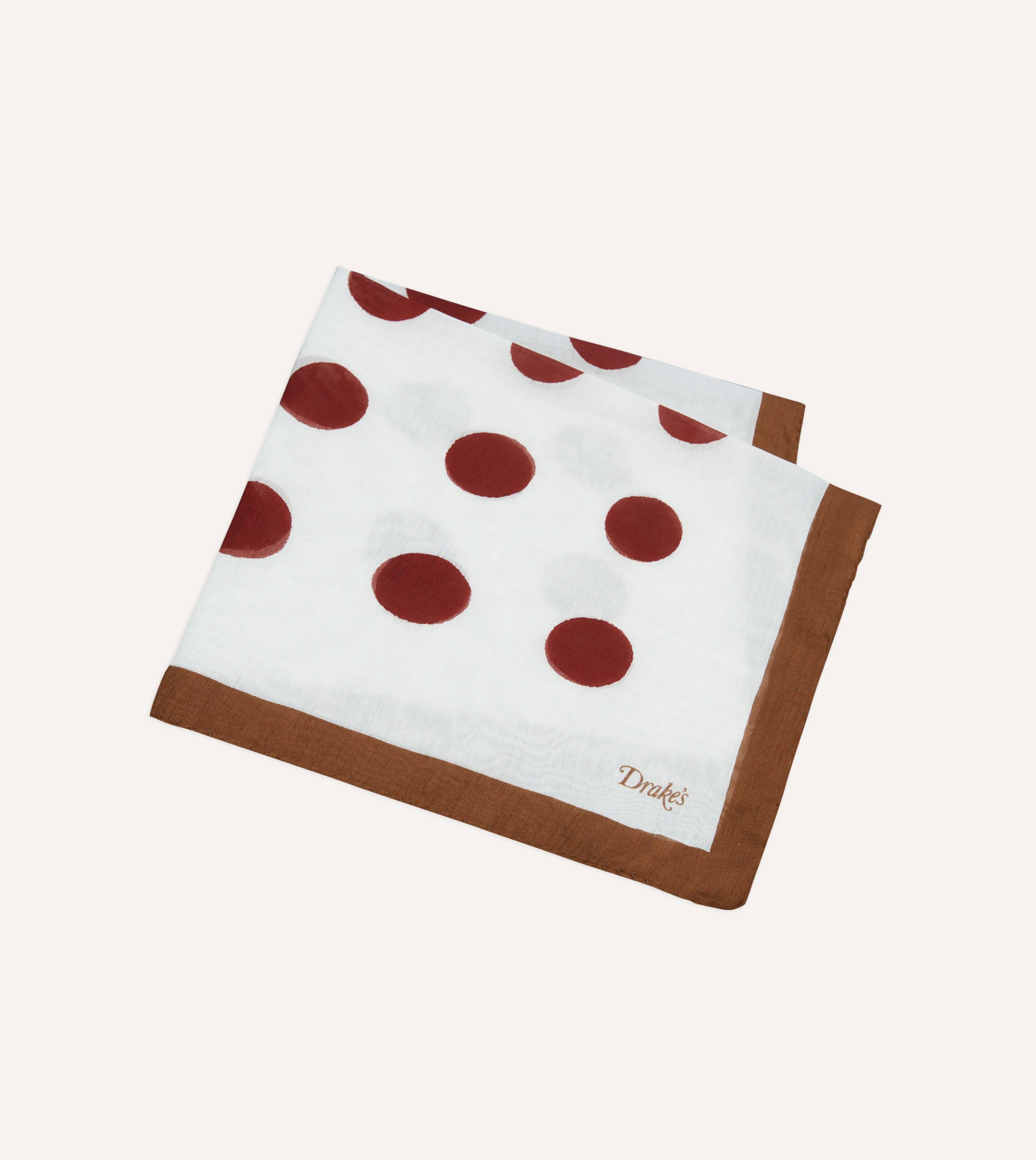 Brown, Ecru and Red Large Spots Print Cotton-Silk Pocket Square