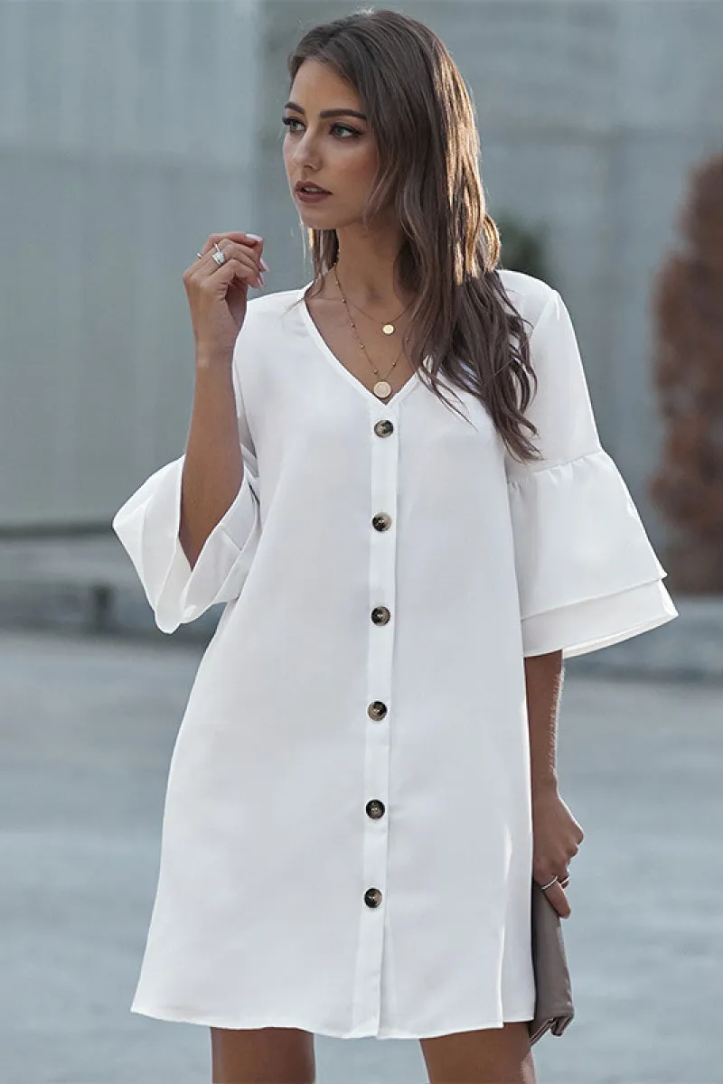 Buttoned Bell Sleeve Shirt Dress