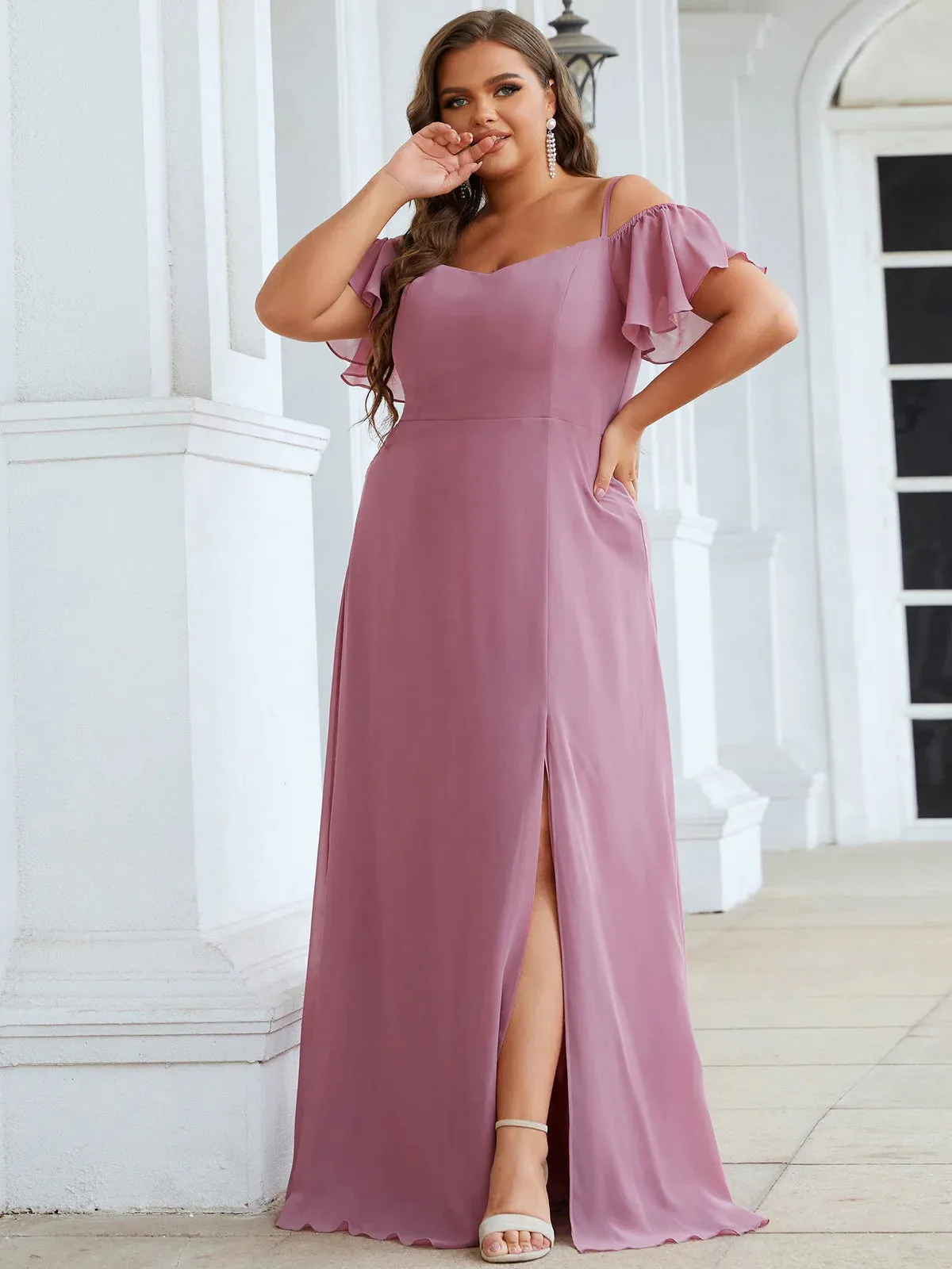 Cold Shoulder Flowy Thigh Slit Plus Size Evening Dress