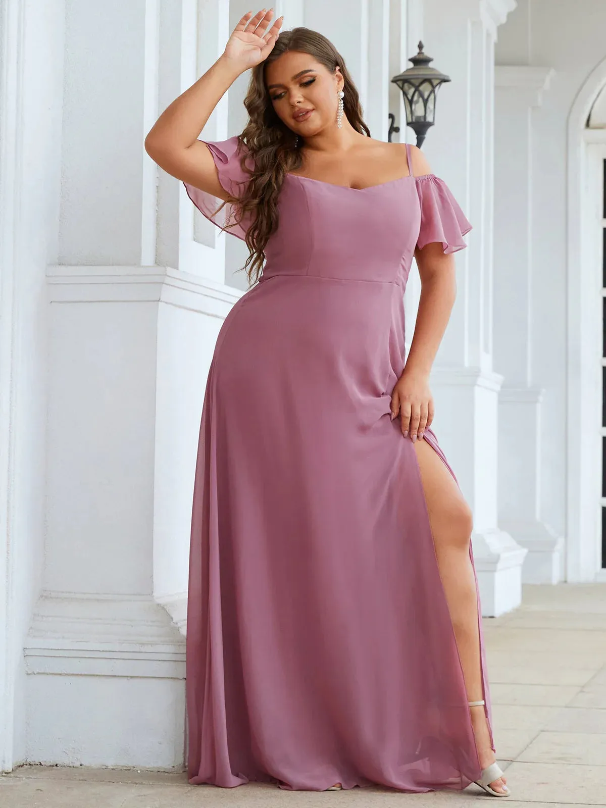 Cold Shoulder Flowy Thigh Slit Plus Size Evening Dress