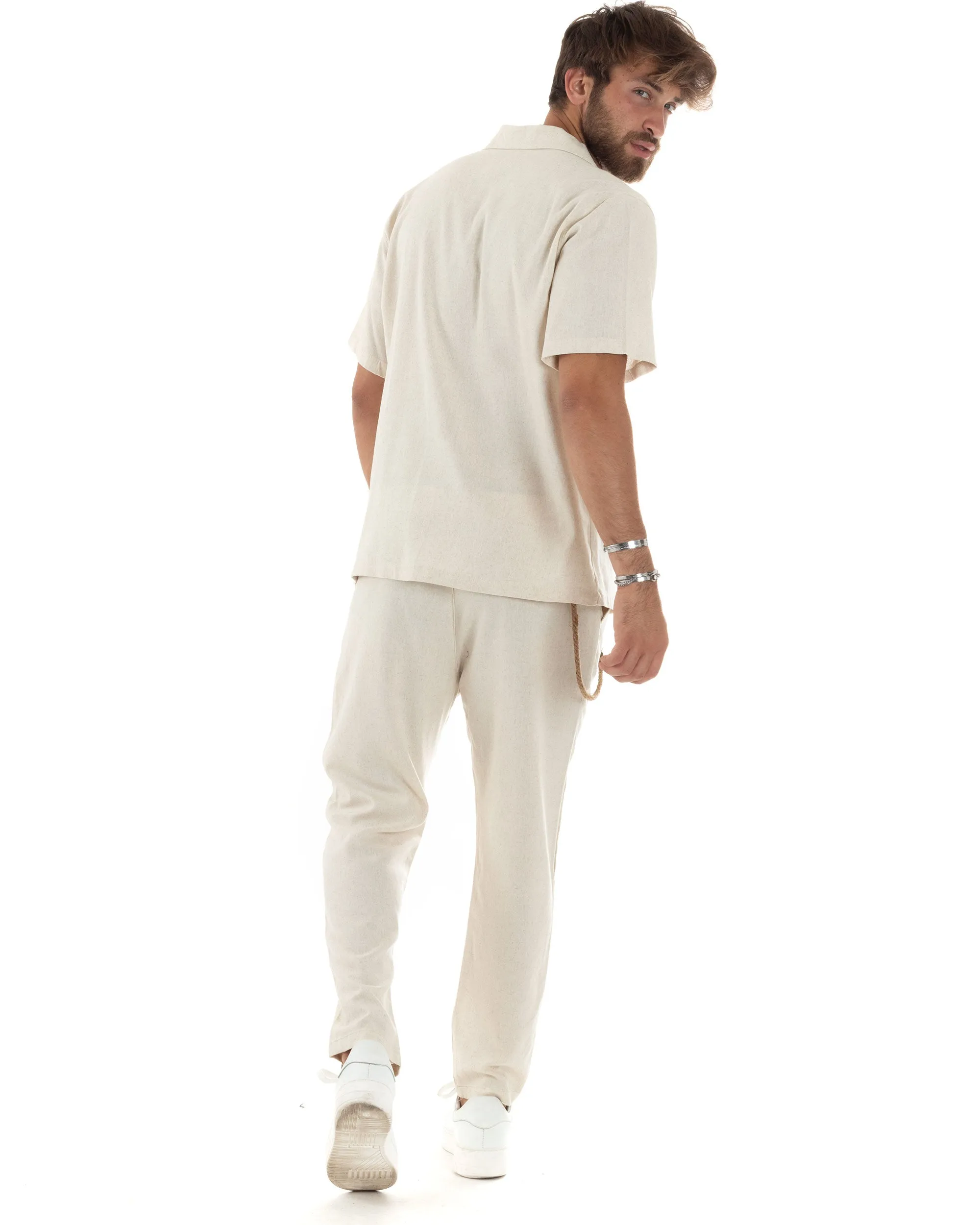 Completo Set Coordinato Uomo Lino Camicia Mezze Maniche Colletto Bowling Pantaloni Classici Con Pinces Outfit Casual Regular Fit Tinta Unita Beige GIOSAL-OU2459A