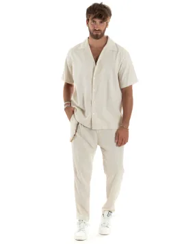 Completo Set Coordinato Uomo Lino Camicia Mezze Maniche Colletto Bowling Pantaloni Classici Con Pinces Outfit Casual Regular Fit Tinta Unita Beige GIOSAL-OU2459A