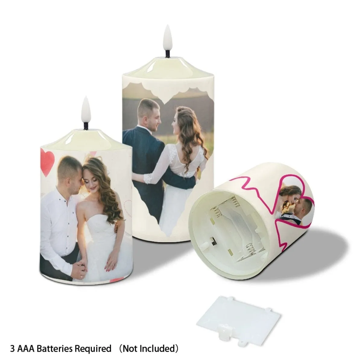 Custom Heart Photo Bullet Led Candles Set of 3 Pack Flameless Candles with Remote Timer