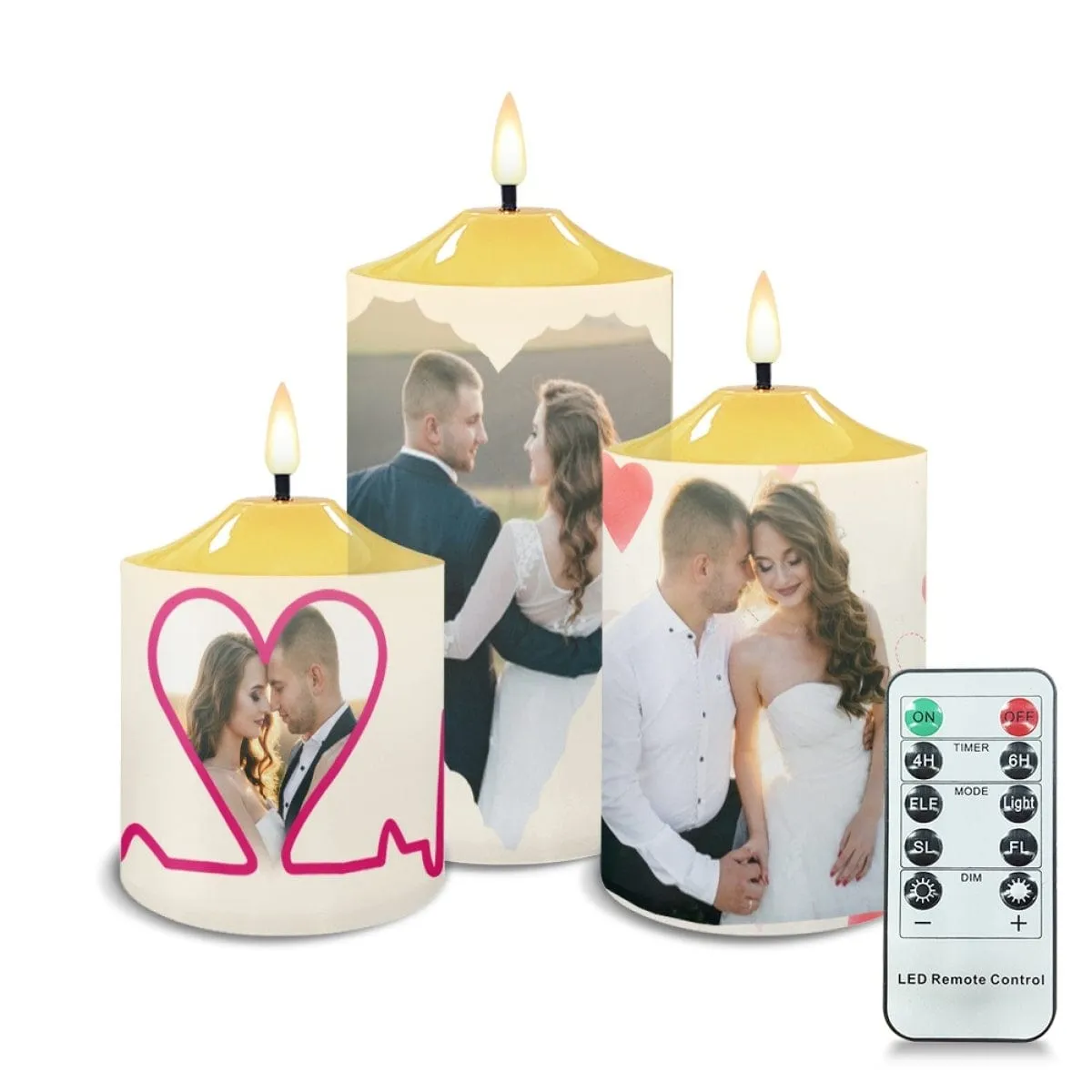 Custom Heart Photo Bullet Led Candles Set of 3 Pack Flameless Candles with Remote Timer