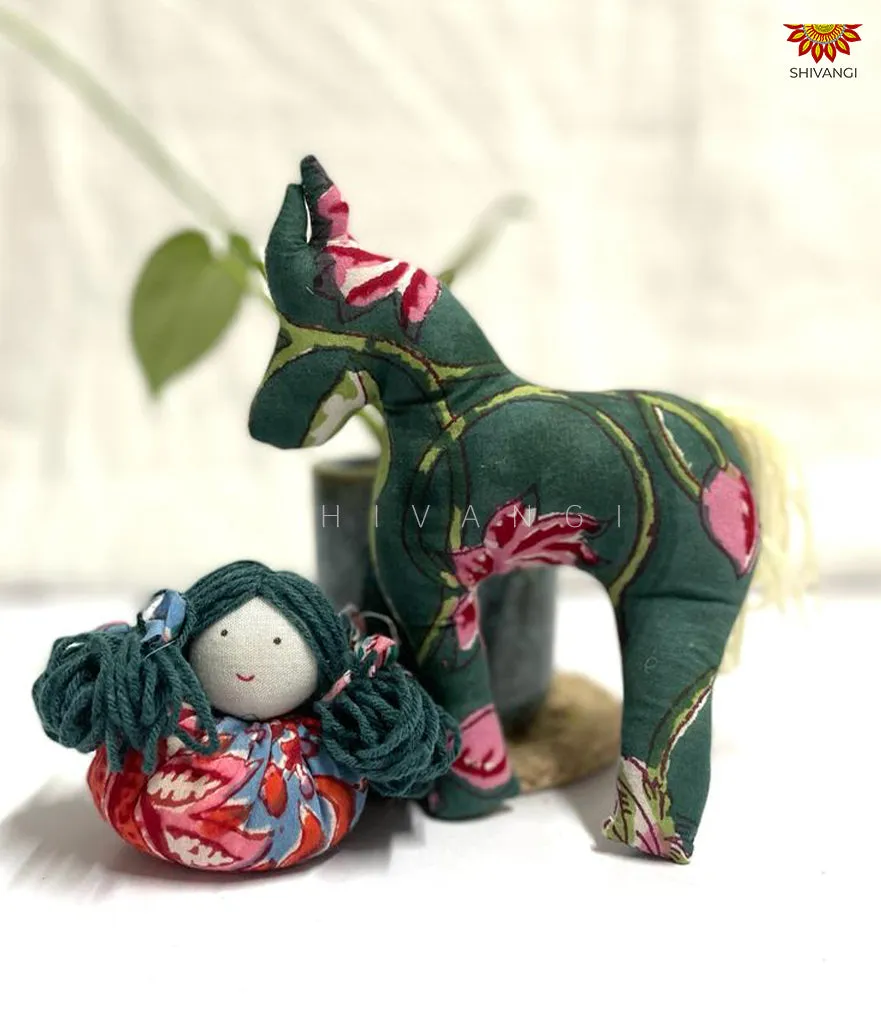 Dark Green Handcrafted Cotton Fabric Doll and Horse Toys !!!