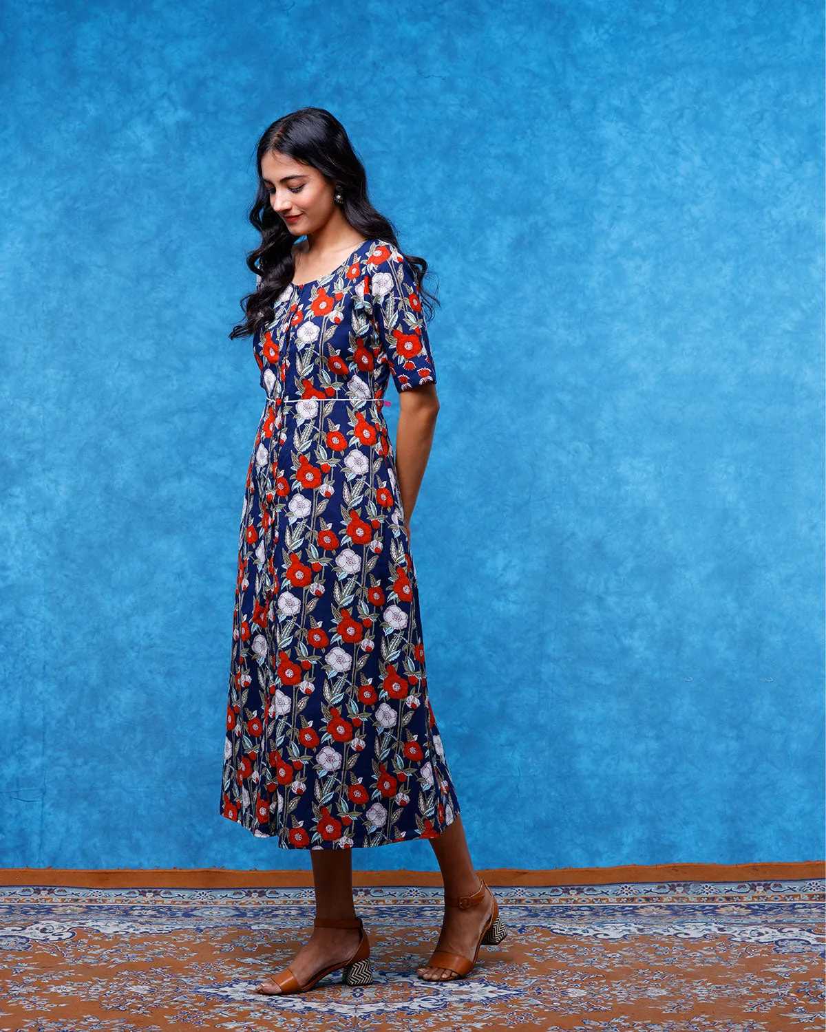 Deep Blue Jacket Dress in Cotton With Pockets