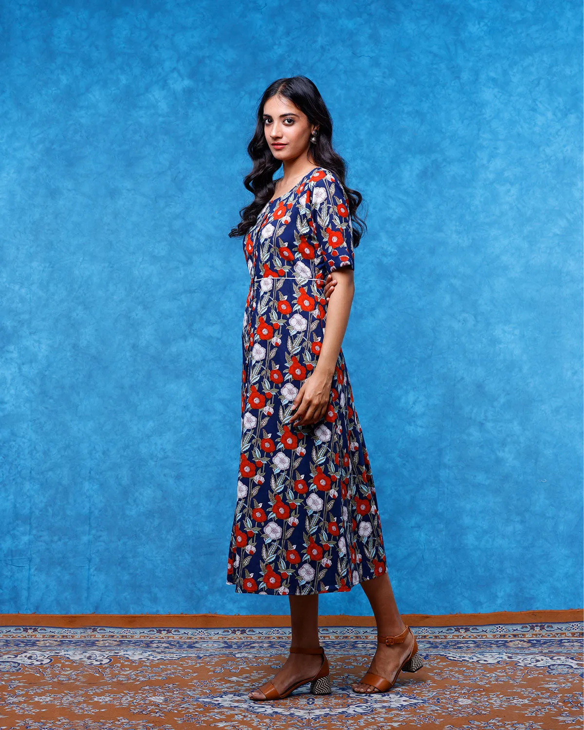 Deep Blue Jacket Dress in Cotton With Pockets