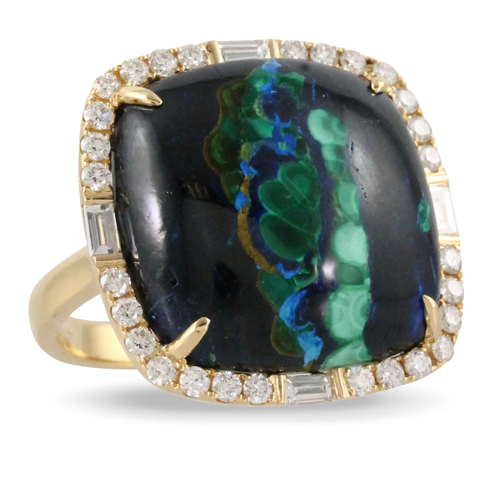 Doves Azurite Malachite Ring 18K Yellow Gold with Diamonds Terra