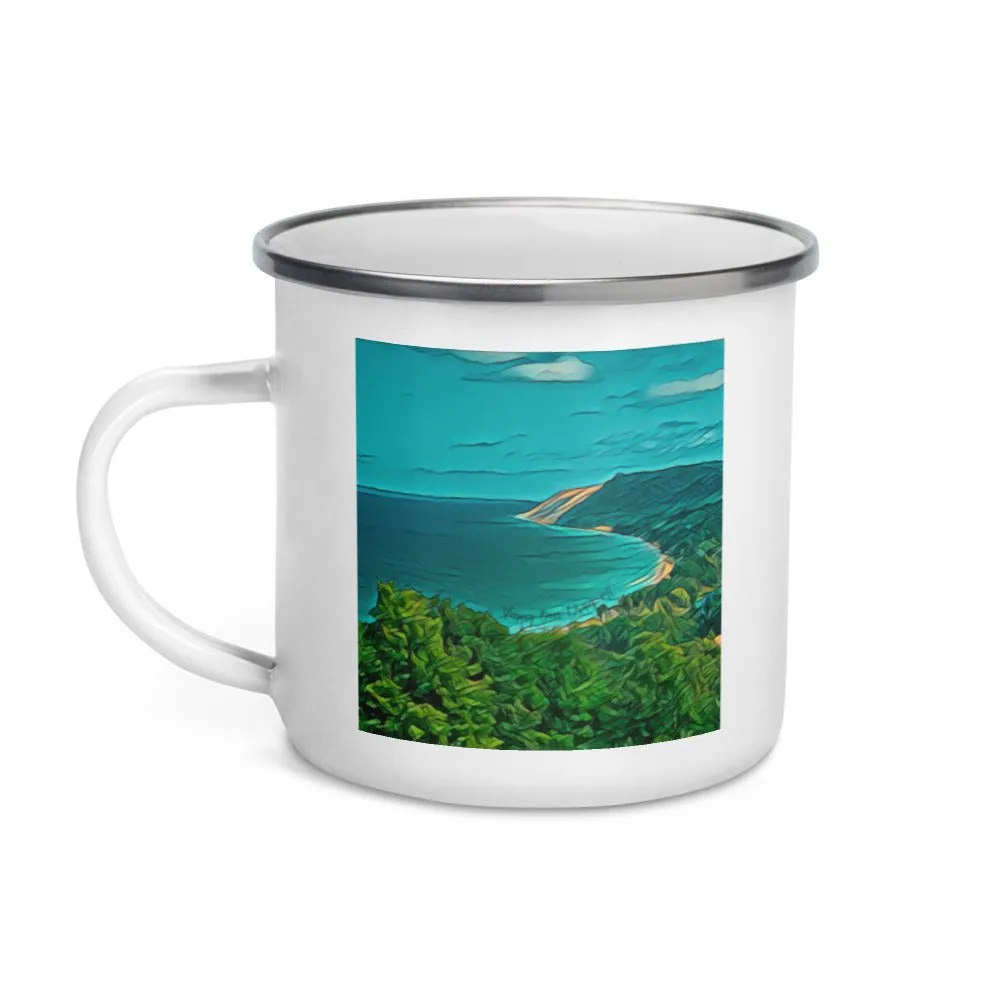 Enamel Mug with Custom Artwork of Sleeping Bear Dunes in Michigan. Perfect Lightweight Camping Cup.