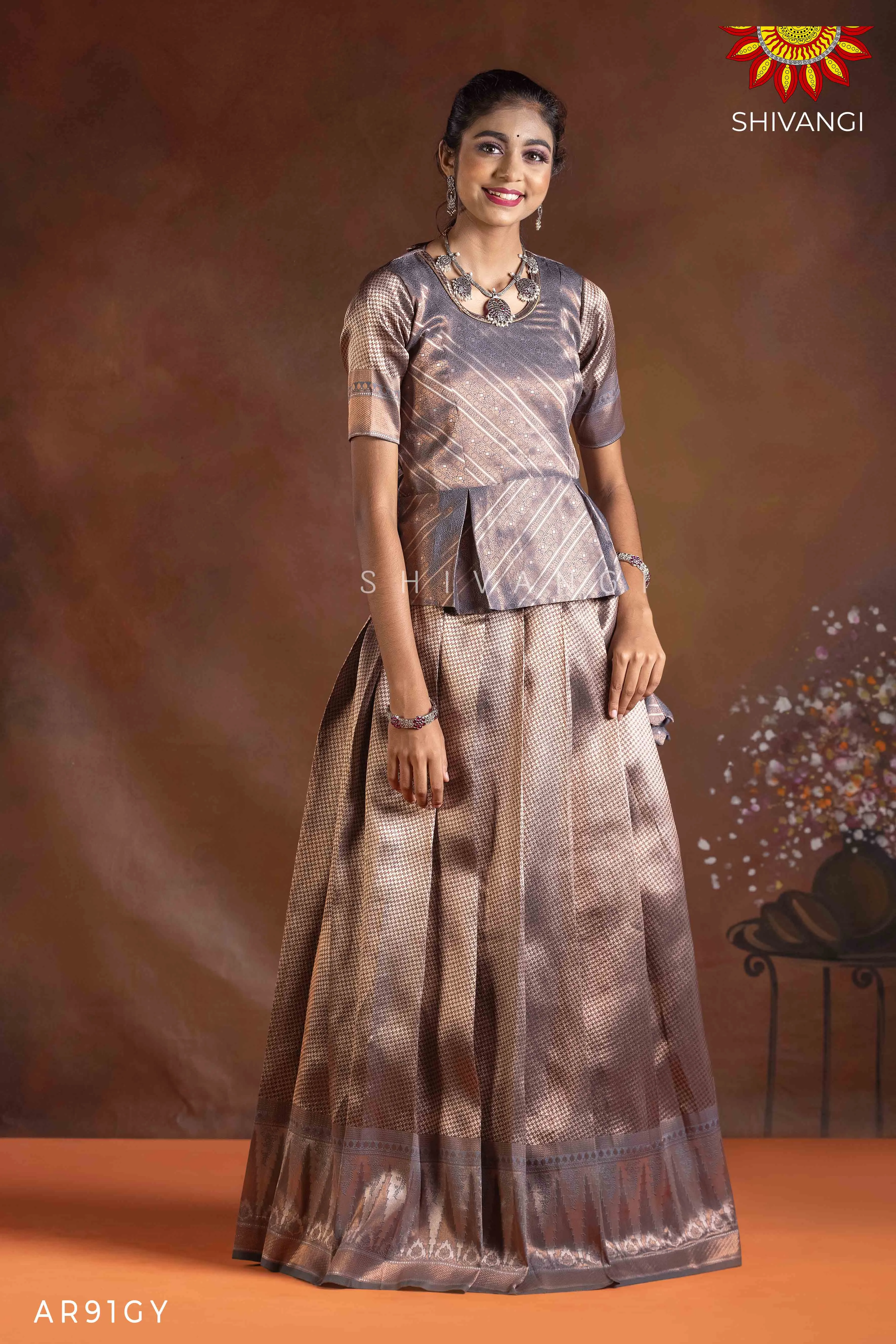 Girls Grey Silver Fire Pattu Pavadai | Langa