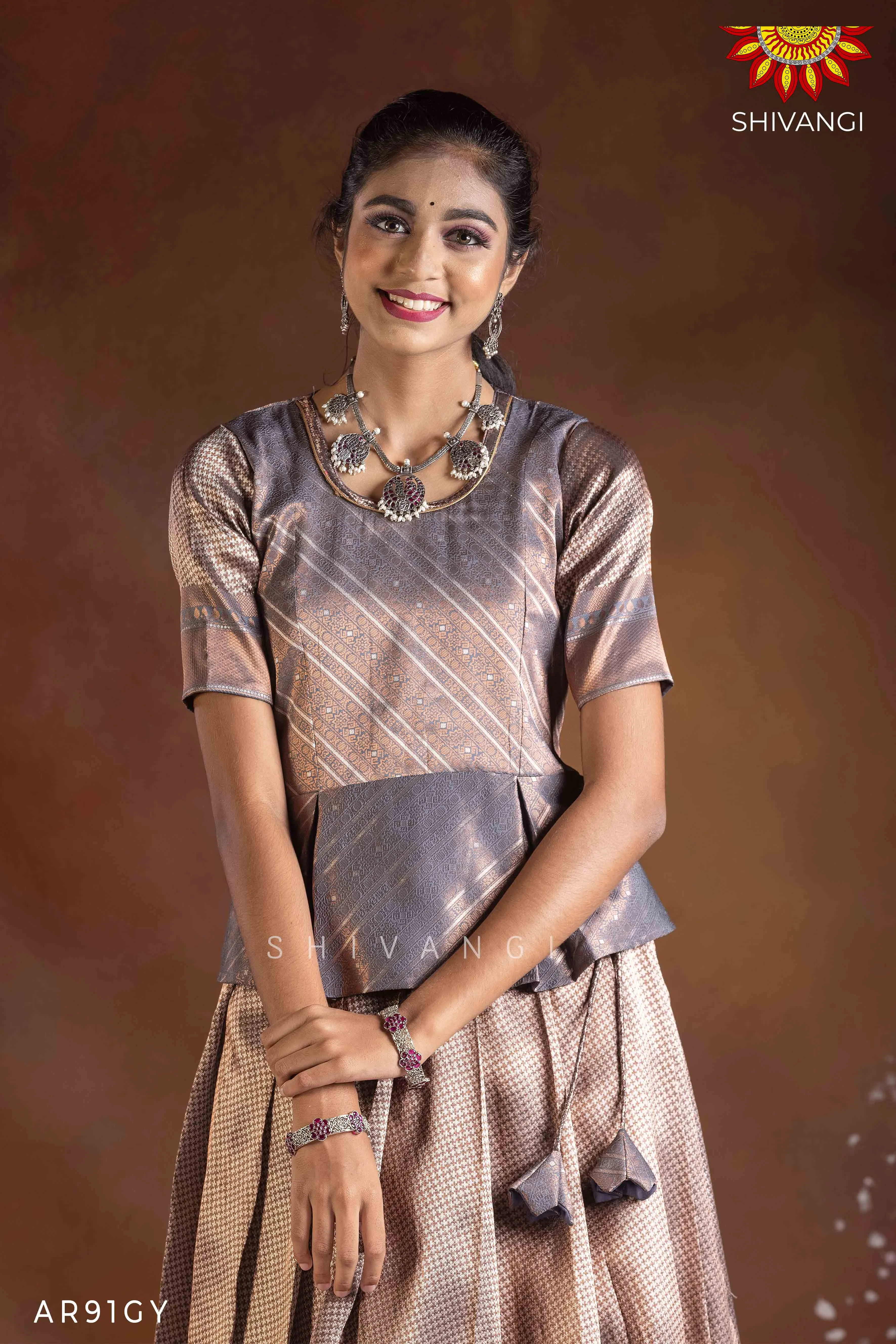 Girls Grey Silver Fire Pattu Pavadai | Langa