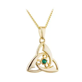 Gold Plated Trinity Knot Pendant with Green Stone Center