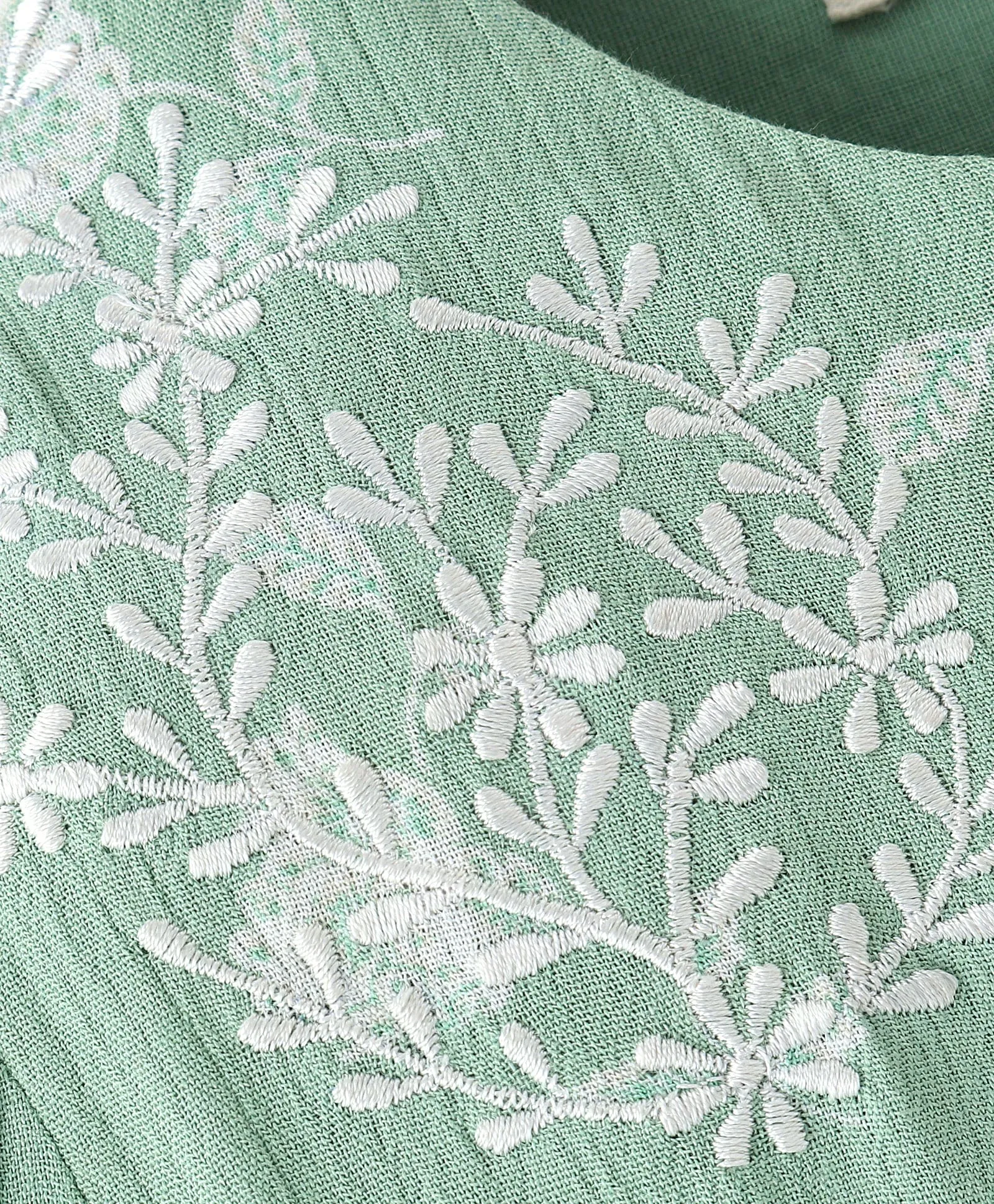 Half sleeves Cotton top with ecru embroidery on the yoke-Green