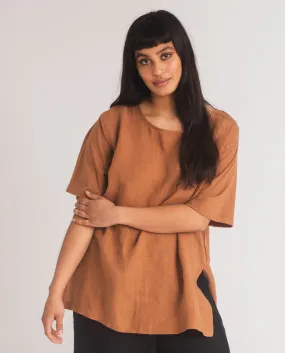 Hayley-May Organic Cotton & Linen Top In Tan