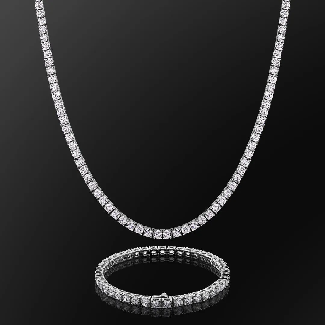 KRKC 4mm CZ Diamond Mens Tennis Chain and Bracelet Set in White Gold