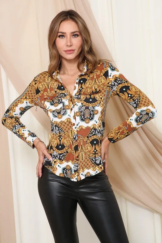 Long Sleeve Button Down Print Collared Knit Top