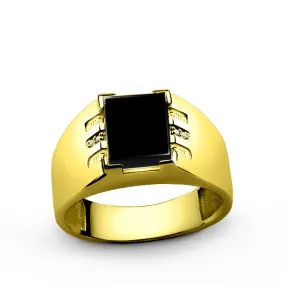 Mens Ring 18k Fine Solid Gold with Black Onyx and 4 DIAMOND Accents in