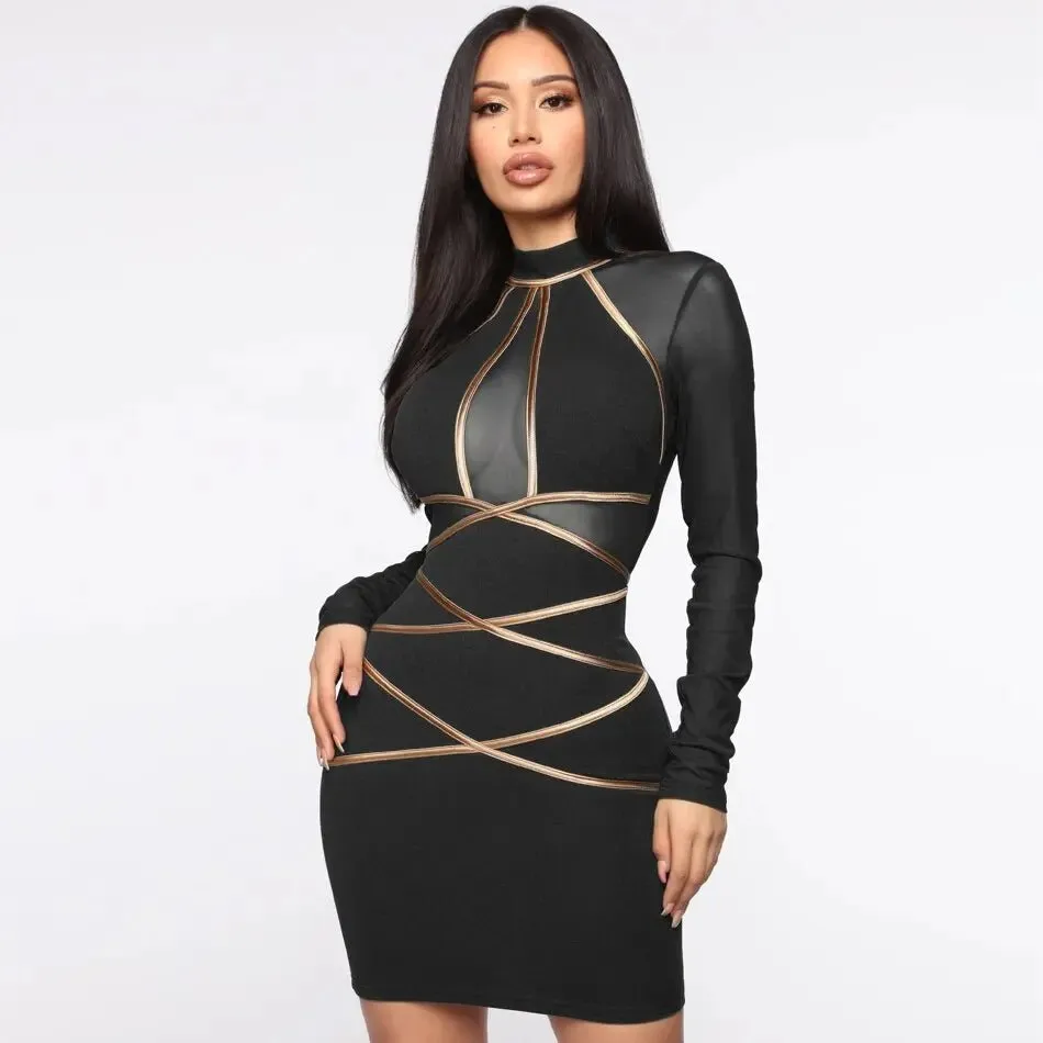 Mesh Hollow Out Long Sleeve Mini Dress