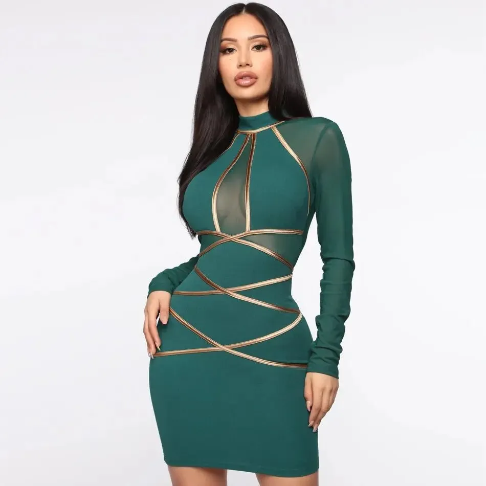 Mesh Hollow Out Long Sleeve Mini Dress