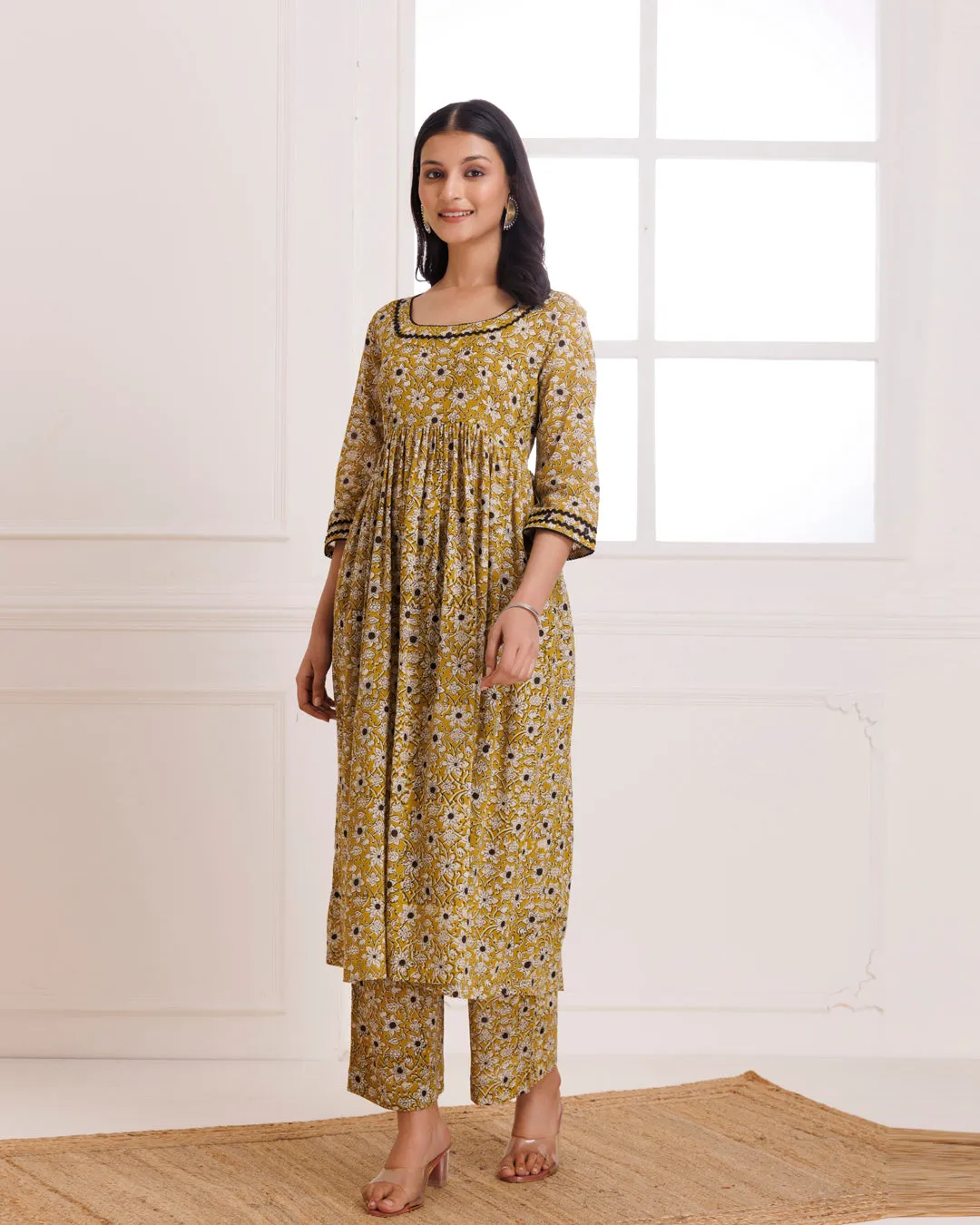 Mustard Bagru Hand Block Printed Cotton Gathered Kurta Pant