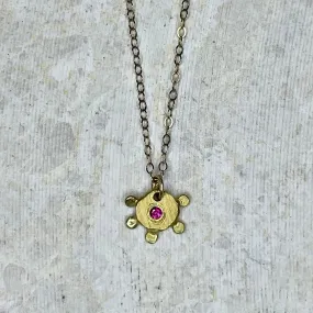 NG16-"18KT Gold Sunburst" Tiny Necklace w Ruby