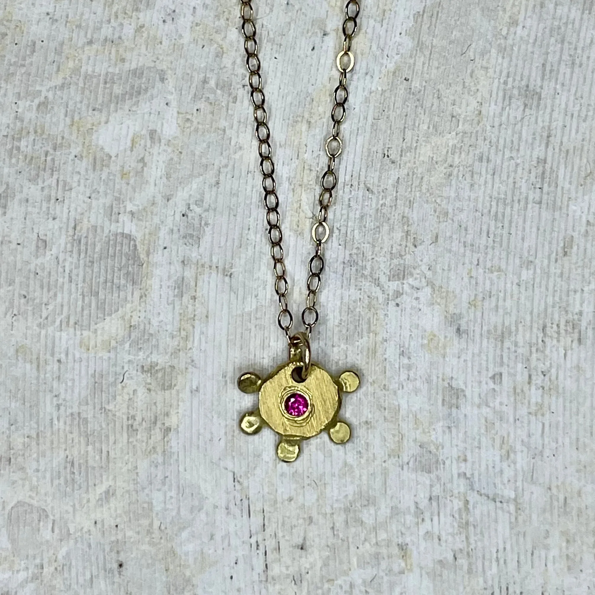 NG16-"18KT Gold Sunburst" Tiny Necklace w Ruby