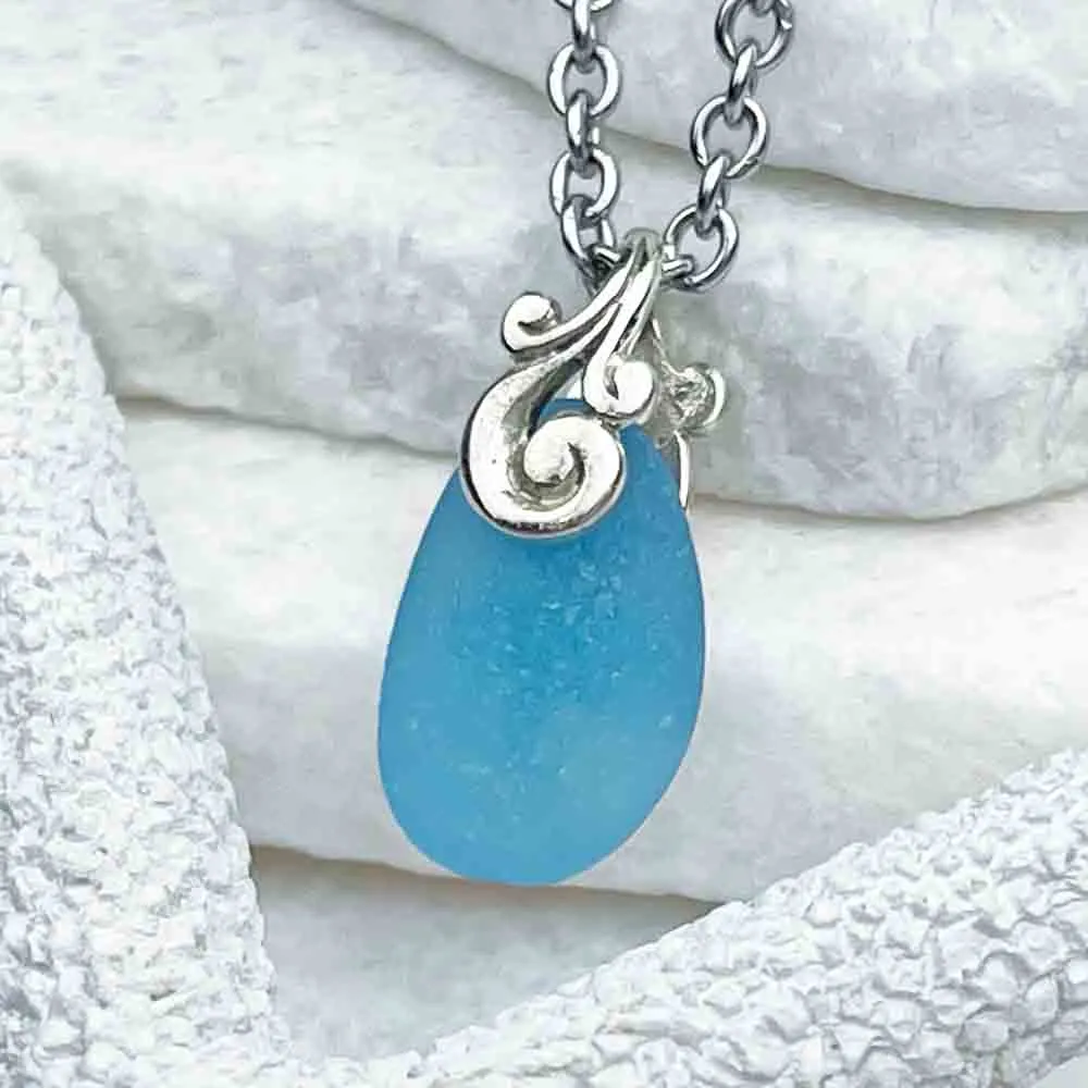 Otherworldly Turquoise Sea Glass Pendant with Sterling Silver Ocean Waves Bail  |#1716