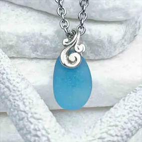 Otherworldly Turquoise Sea Glass Pendant with Sterling Silver Ocean Waves Bail  |#1716